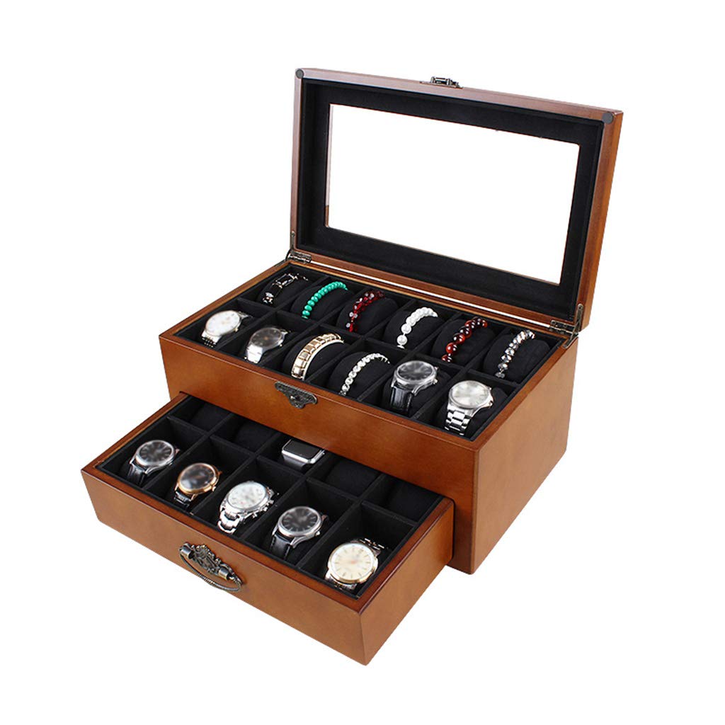 2-Tier Wooden Watch Box with Lock & Transparent Window - Jewelry Organizer for Men & Women - Holds 22 Watches with Removable Storage Pillows (Brown) - Perfect for Watch Collectors & Jewelry Display at Home or Retail Stores