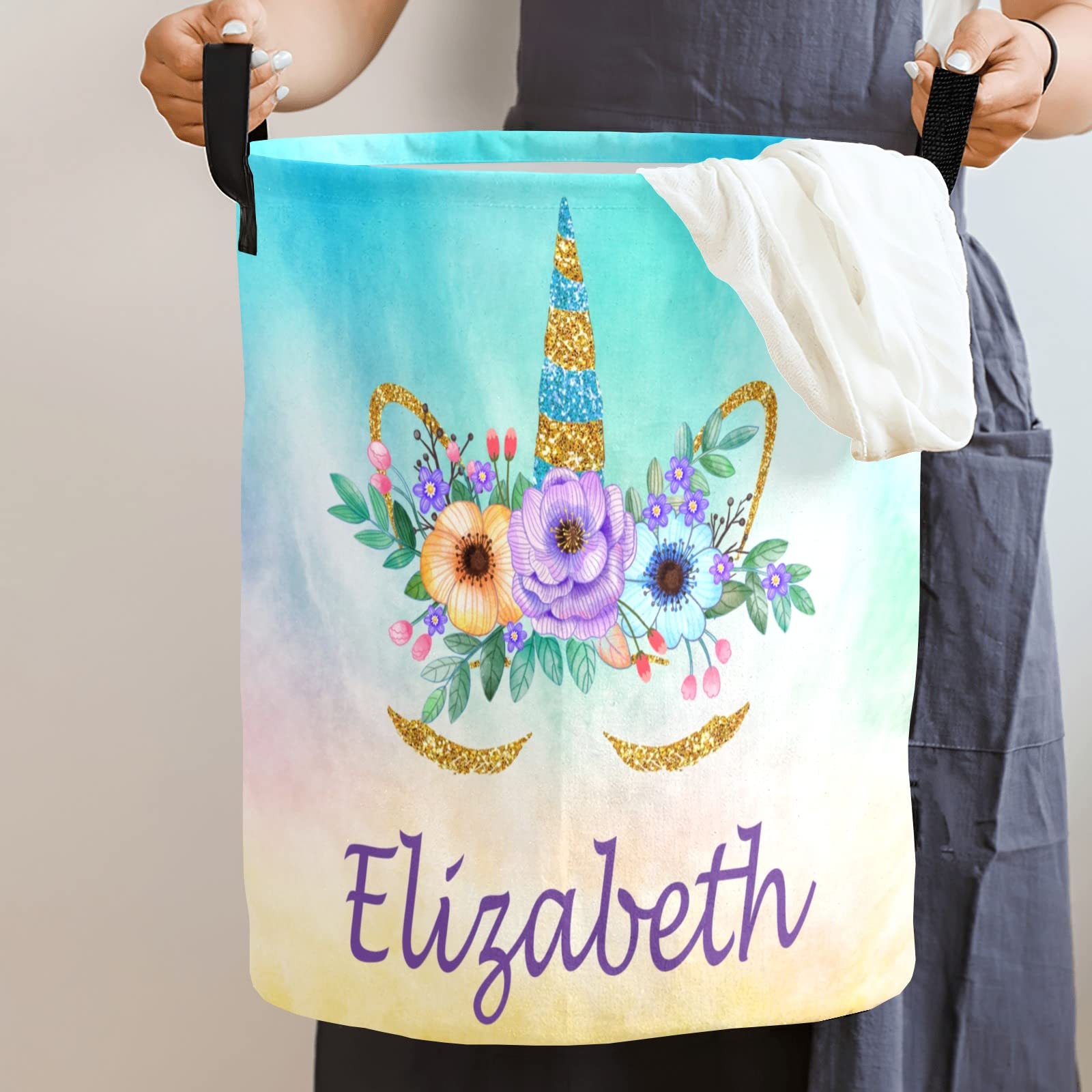 Personalized Collapsible Laundry Hamper Basket with Handle - Rainbow Unicorn Design for Clothes Storage | Perfect for Bathroom, Bedroom & Living Room Organization