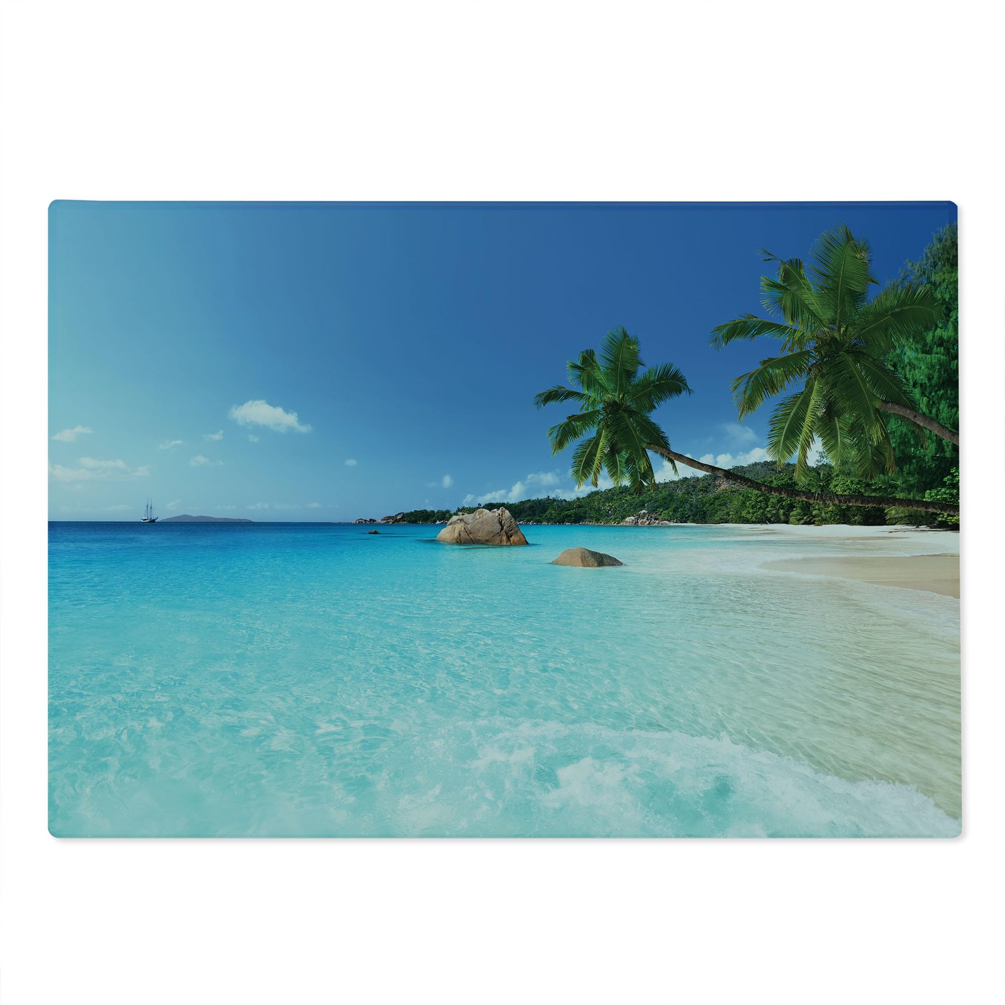 Ambesonne Ocean Themed Tempered Glass Cutting Board - Large Size Turquoise Blue Green - Anse Lazio Beach Scenic View - Decorative Serving Board for Kitchen, Dining & Entertaining - Perfect for Cheese Platters, Charcuterie & Party Serving