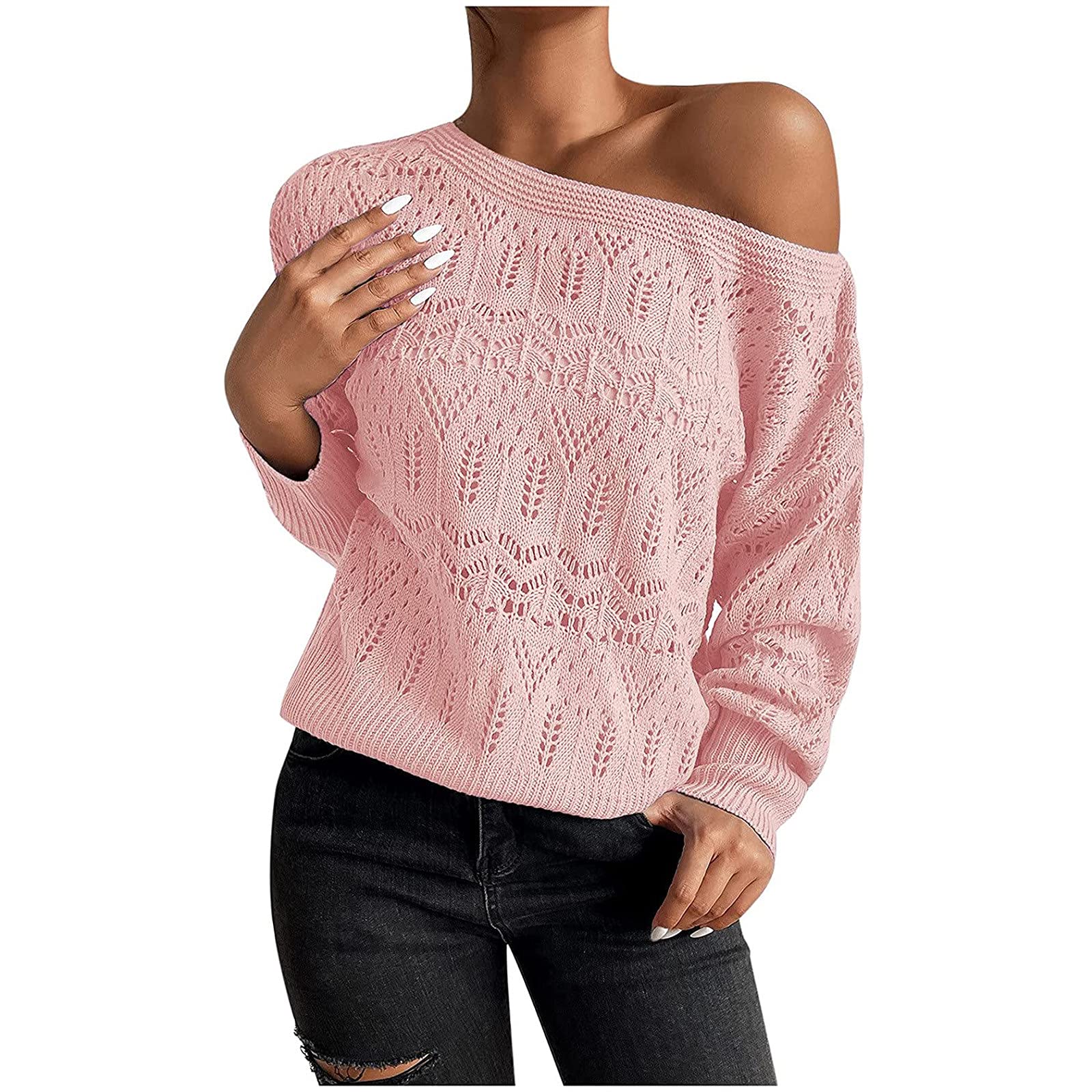 Women's Waffle Knit Off Shoulder Long Sleeve Pullover Sweater - Fashion Hollow Out Tunic Top for Casual Wear, Date Night & Fall Layering