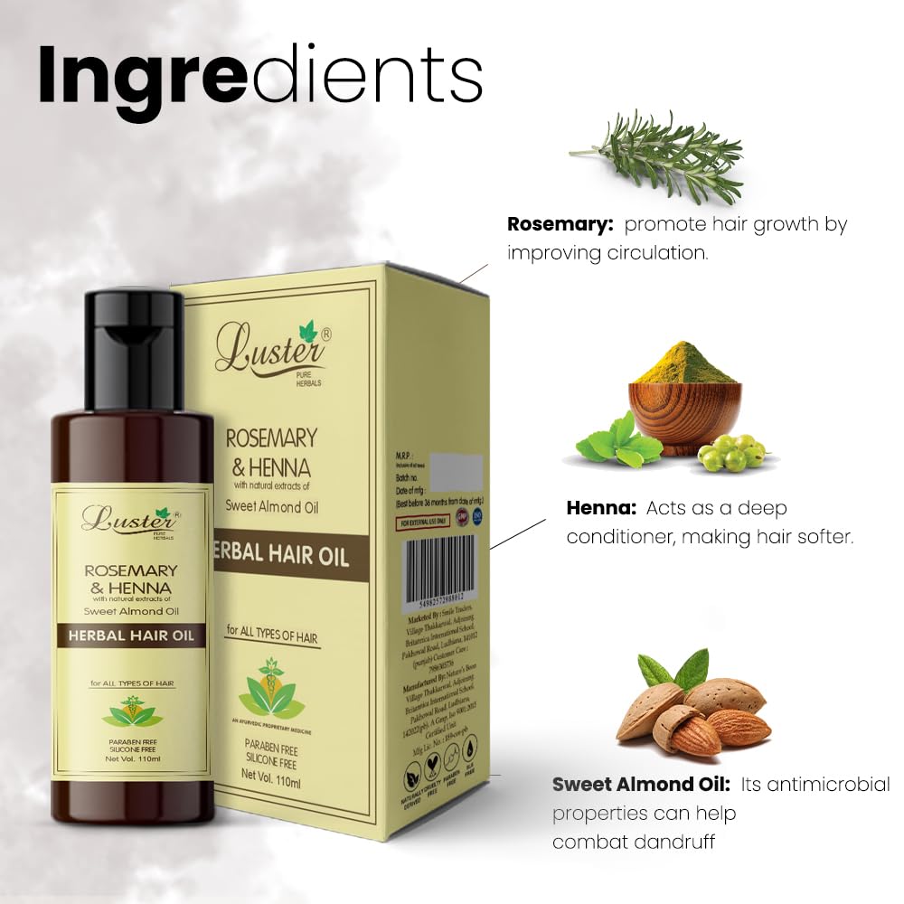 Luster Rosemary & Henna Herbal Hair Oil for Hair Growth - Stimulates Scalp & Reduces Hair Fall - Natural Hair Care for Women & Men (Paraben-Free, Mineral Oil-Free, 110ml) - Perfect for Daily Nourishment & Thicker Hair