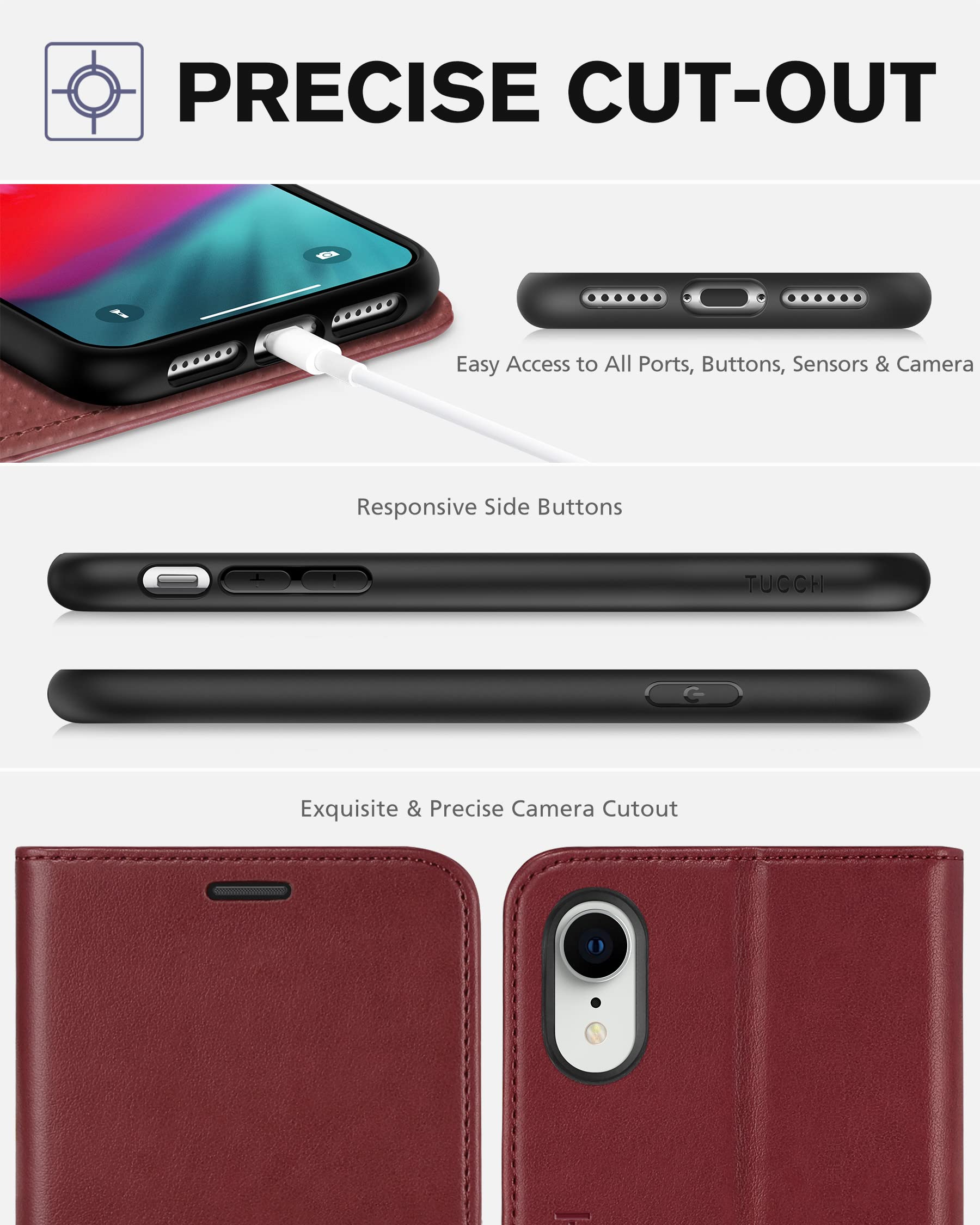 Premium PU Leather iPhone XR Wallet Case with Kickstand - RFID Blocking Credit Card Slots & Wireless Charging Compatible | Shockproof TPU Shell Protection | Perfect for Business Travel & Daily Use (Dark Red)