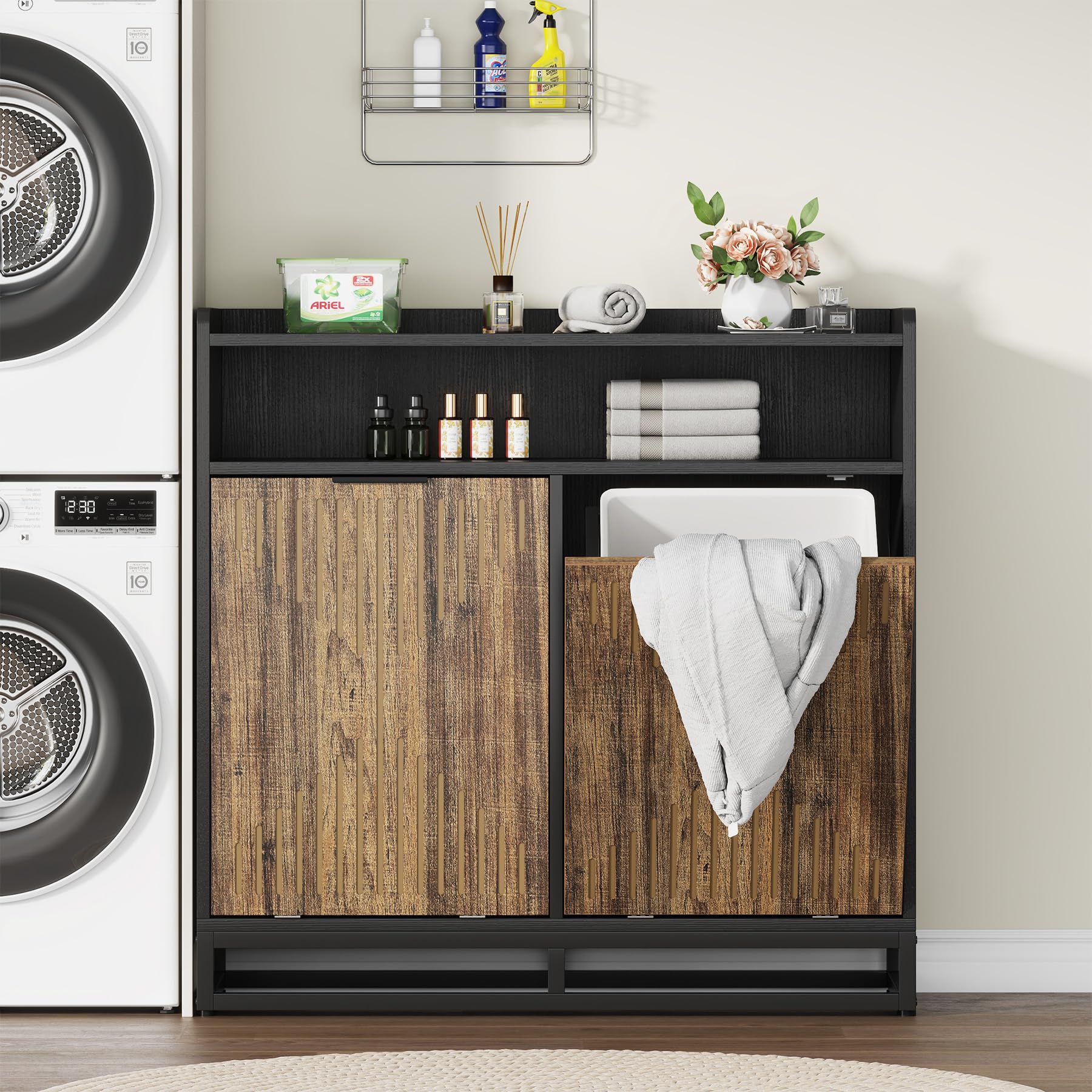 Double Tilt Out Trash Cabinet - 20 Gallon Modern Farmhouse Freestanding Storage Bin for Kitchen, Laundry & Dining Room - Brown & Black Recycling Cabinet (Trash Can Not Included) | Perfect for Waste Management & Home Organization