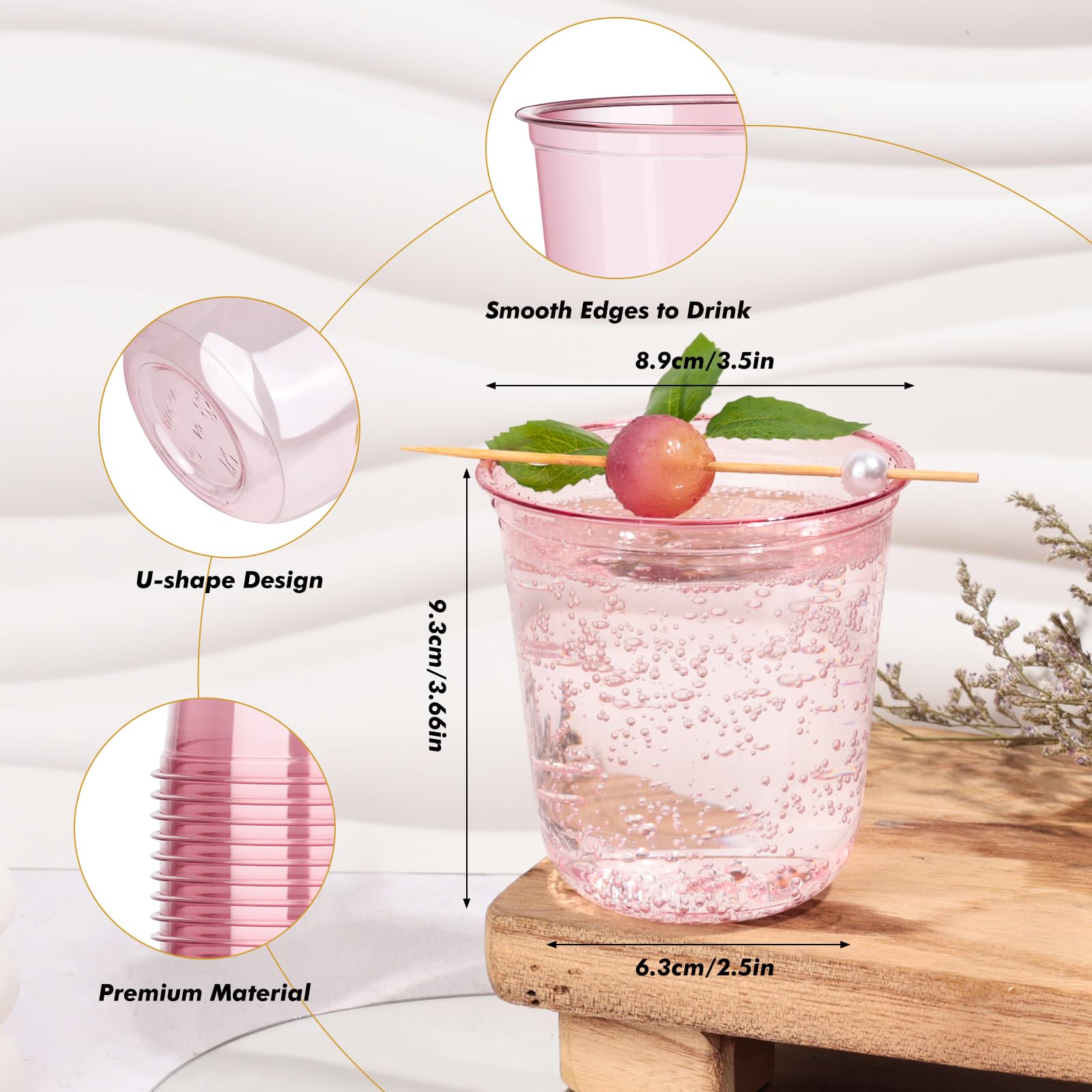 KesaPlan 50-Pack 12oz Pink Plastic Wine Cups | Disposable Stemless Cocktail Glasses for Parties, Weddings & Events | Clear Plastic Drinkware for Christmas Celebrations, Office Meetings & Social Gatherings