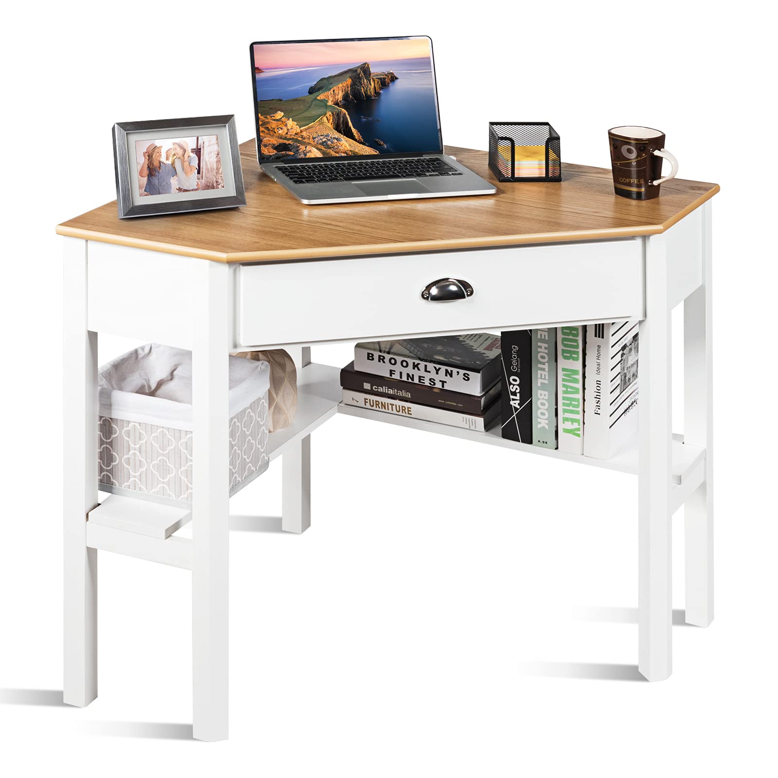 KOTEK Corner Desk with Drawer and Shelves - Wooden Home Office Desk, Triangle Computer Desk for Small Spaces, Writing Study Desk & Workstation, Makeup Vanity Table (Natural & White) - Perfect for Home Office, Gaming Setup, Dorm Room & Bedroom Workspace