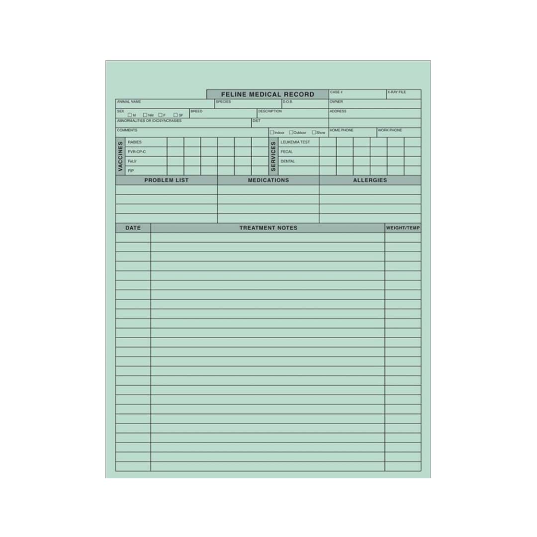 Premium 2-Sided Feline Veterinary Medical Record Forms - 250 Heavy Paper Sheets for Cat Vaccination & Treatment Logs | Ideal for Vet Clinics, Animal Hospitals & Shelters | Perfect for Tracking Cat Health History & Medical Care