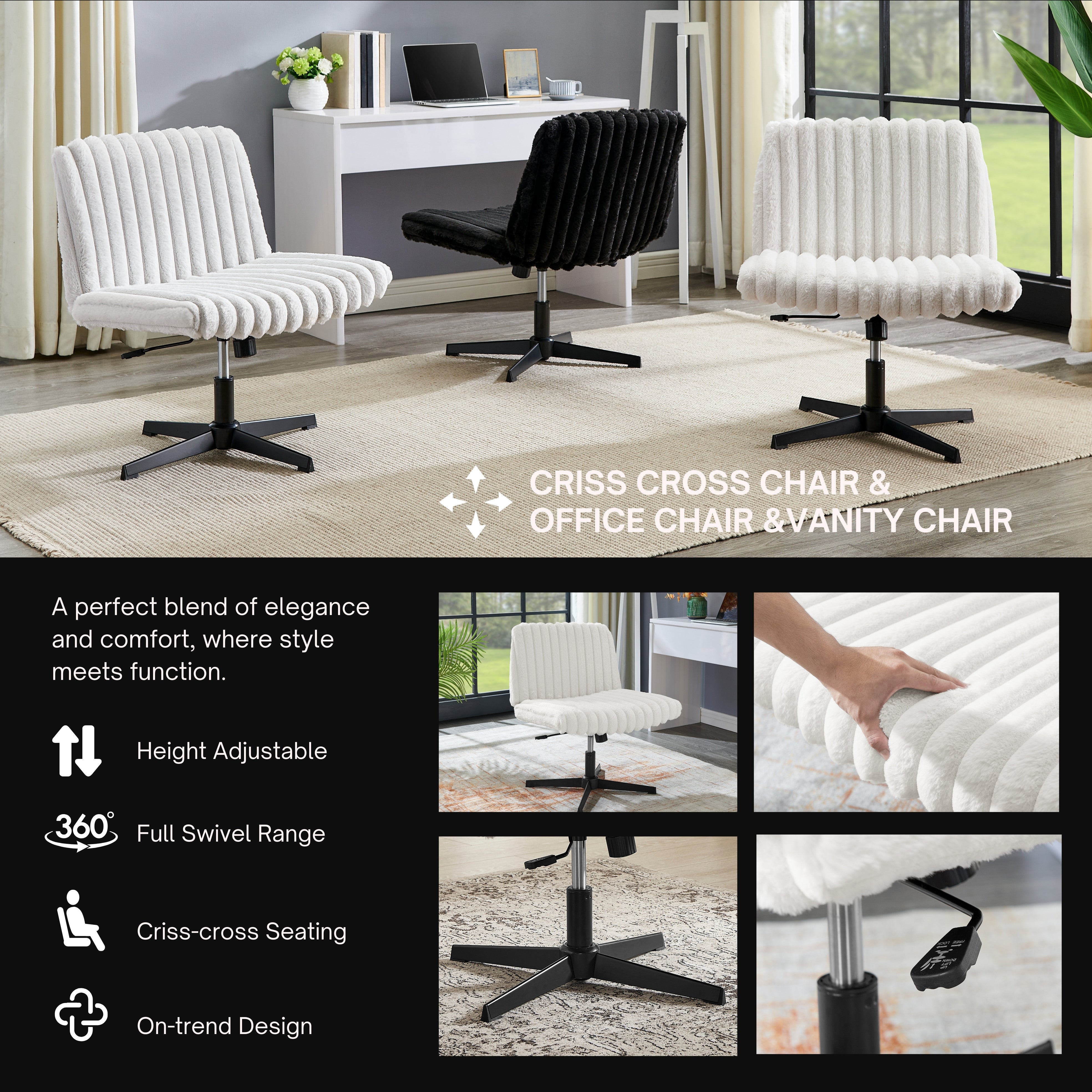 Roundhill Blynn Adjustable Swivel Criss Cross Chair - Wide Seat Ergonomic Office Chair with Lumbar Support, Vanity Makeup Chair for Home & Office Workspace, Study Desk, Dressing Table and Beauty Salon
