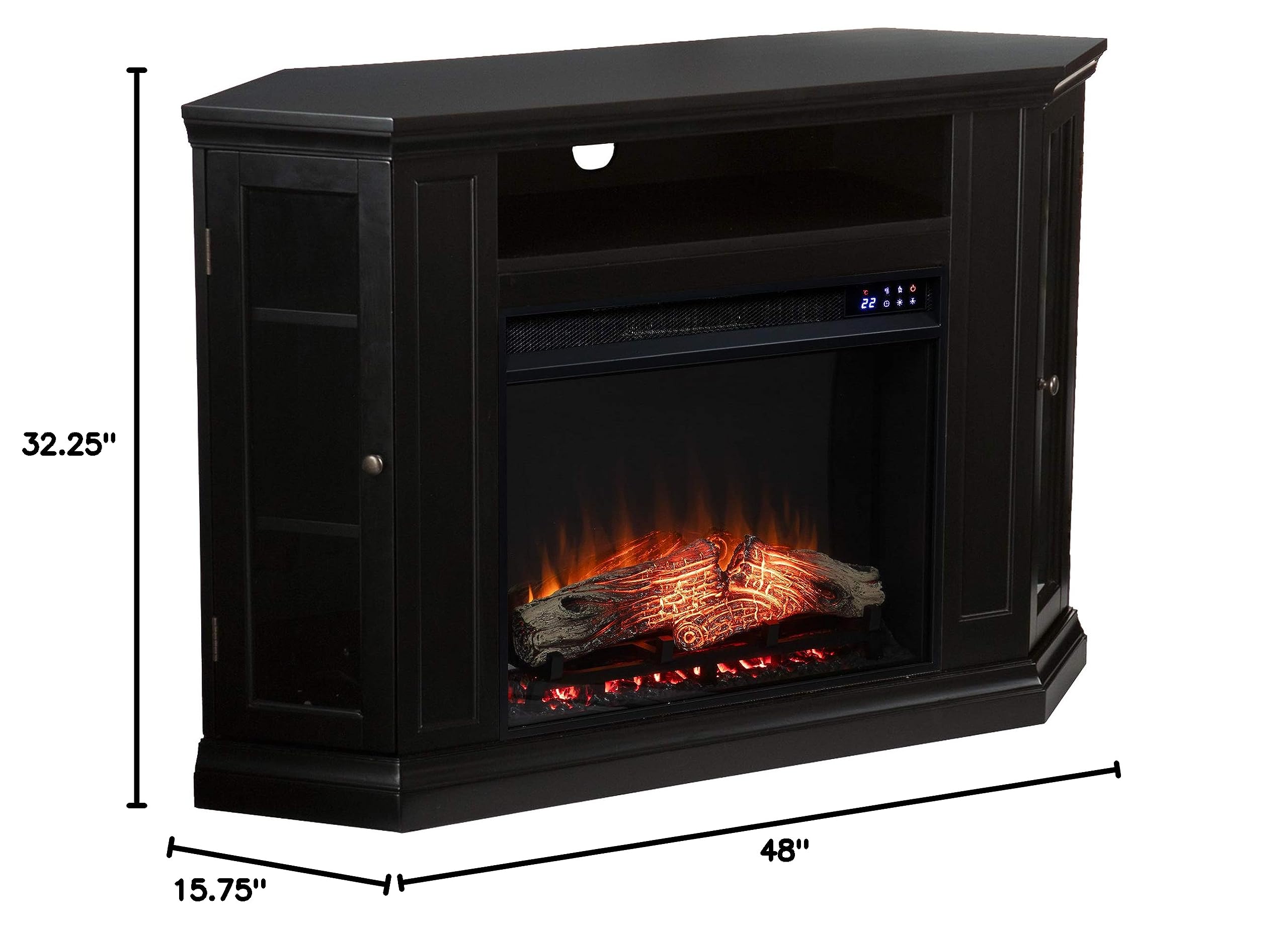 SEI Furniture Claremont Corner Convertible Electric Fireplace with Storage - Black | Modern Space-Saving Design for Living Room, Bedroom & Office