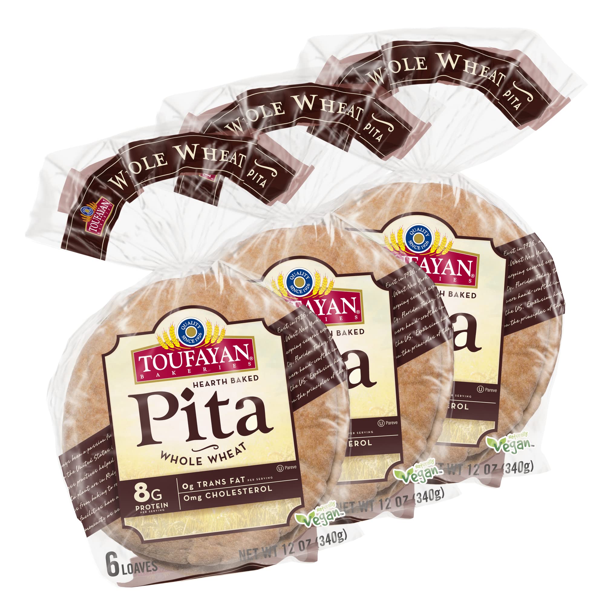 Toufayan Bakeries Whole Wheat Pita Bread - Vegan, Cholesterol Free, Kosher Certified (3 Pack, 18 Pitas) | Perfect for Sandwiches, Wraps & Mediterranean Meals