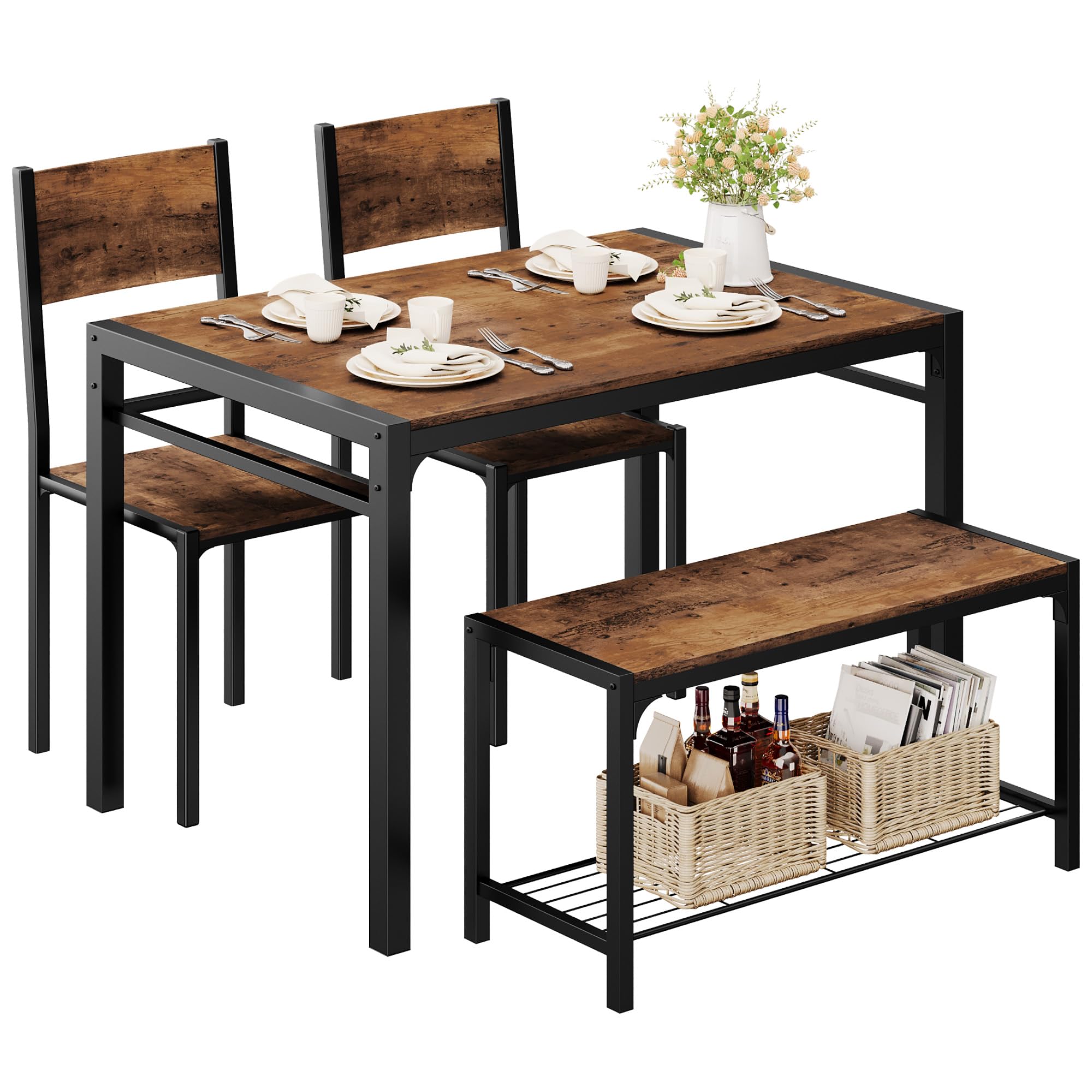 Shahoo 4-Piece Dining Set with Table, 2 Chairs & Bench - Compact Kitchen Table for Small Spaces in Brown | Perfect for Apartments, Breakfast Nooks & Cozy Dining Areas