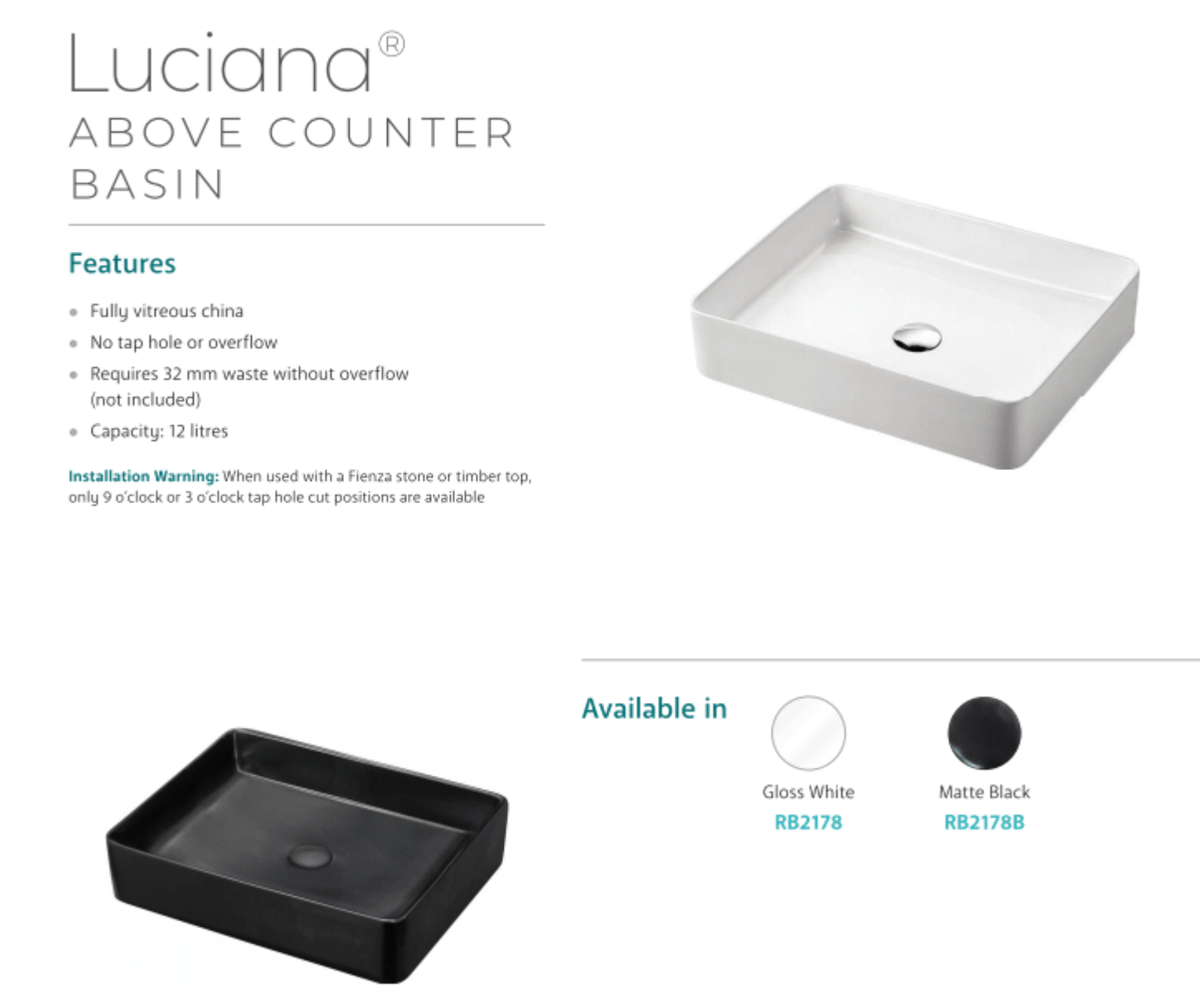 Fienza RB2178 Luciana White Ceramic Above Counter Bathroom Sink Basin - Perfect for Modern Vanities, Powder Rooms & Guest Bathrooms