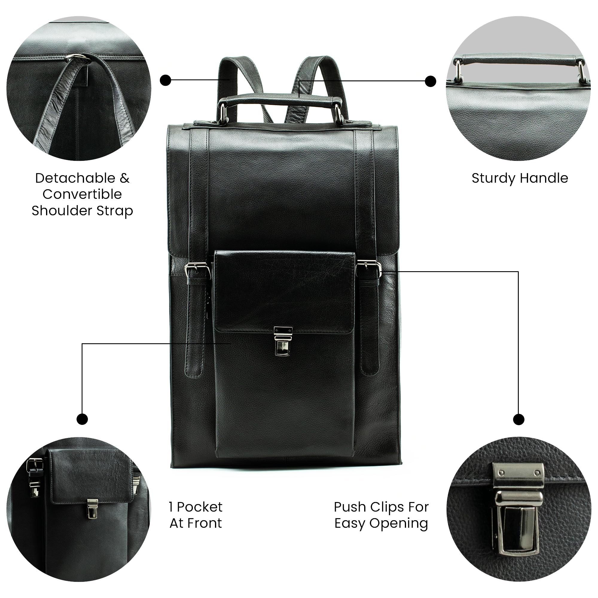 Handmade Genuine Leather Backpack - Convertible to Vertical Messenger Bag for Business & Travel - Fits 17 Inch Laptop (Black) | Perfect for Office Commute, College & Weekend Getaways