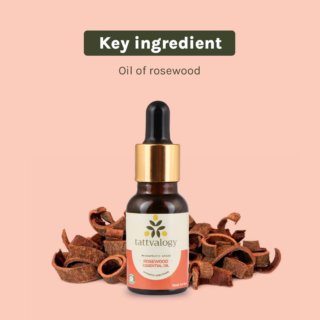 Tattvalogy Therapeutic Rosewood Essential Oil | 100% Pure Natural Undiluted Steam Distilled Dalbergia Sissoo | Antiseptic & Insecticidal Properties | Promotes Healthy Skin, Body & Mind | 15ml Glass Bottle | Perfect for Aromatherapy, Massage & DIY Skincare