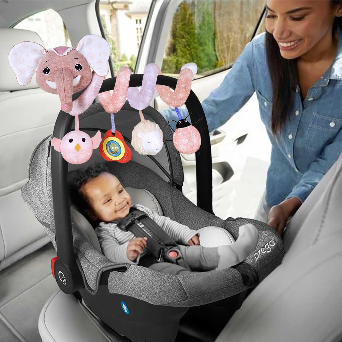 Pink Elephant Baby Car Seat Toys - Spiral Hanging Developmental Toys for Newborns 0-12 Months | Crib, Bassinet & Stroller Mobile | Early Learning Sensory Toy for Infant Girls & Boys | Perfect for Road Trips & Nursery Decor