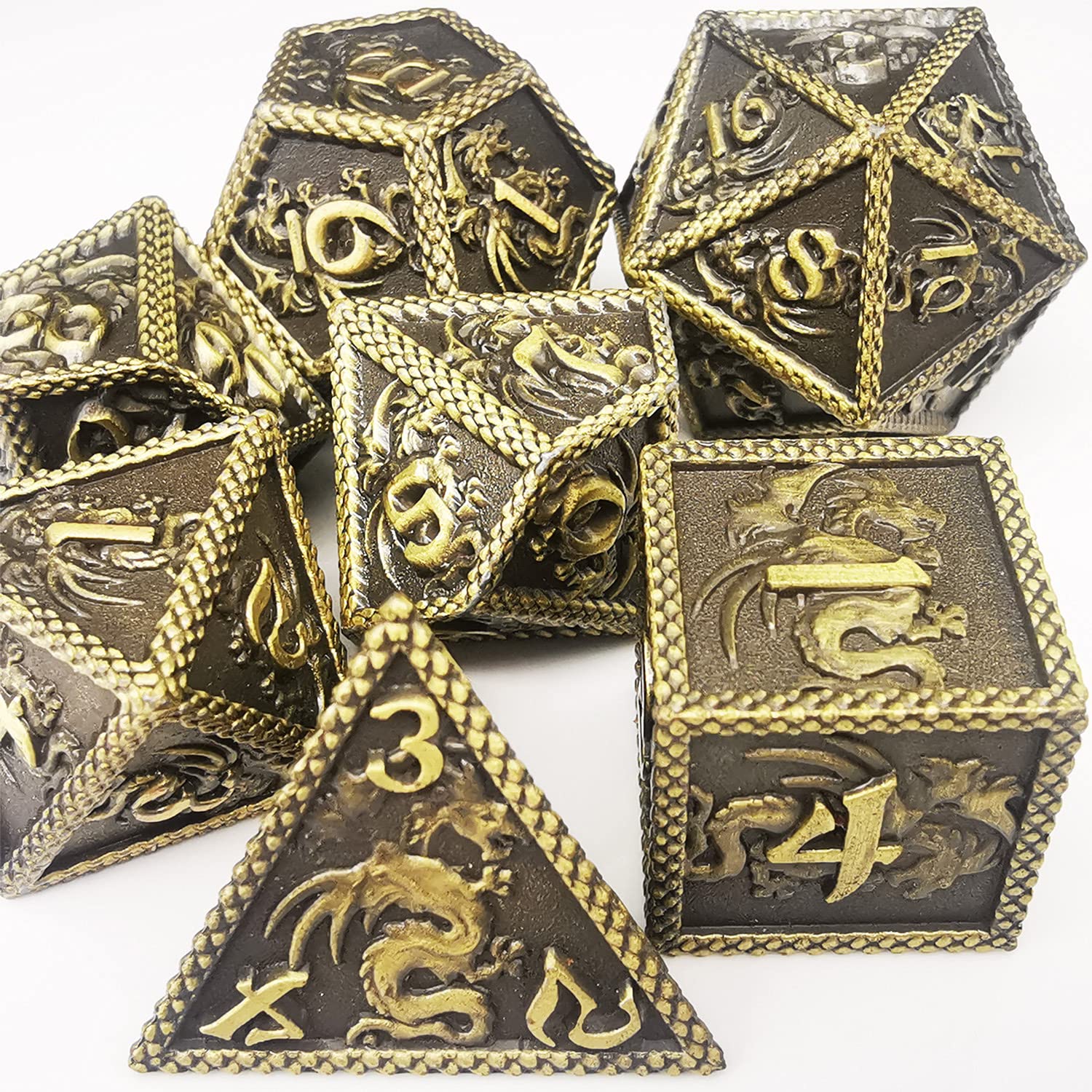 HAOMEJA 7-Piece Dragon Pattern Metal Dice Set for D&D - Ancient Bronze DND Dice for Dungeons & Dragons, RPG Tabletop Games & Collectors