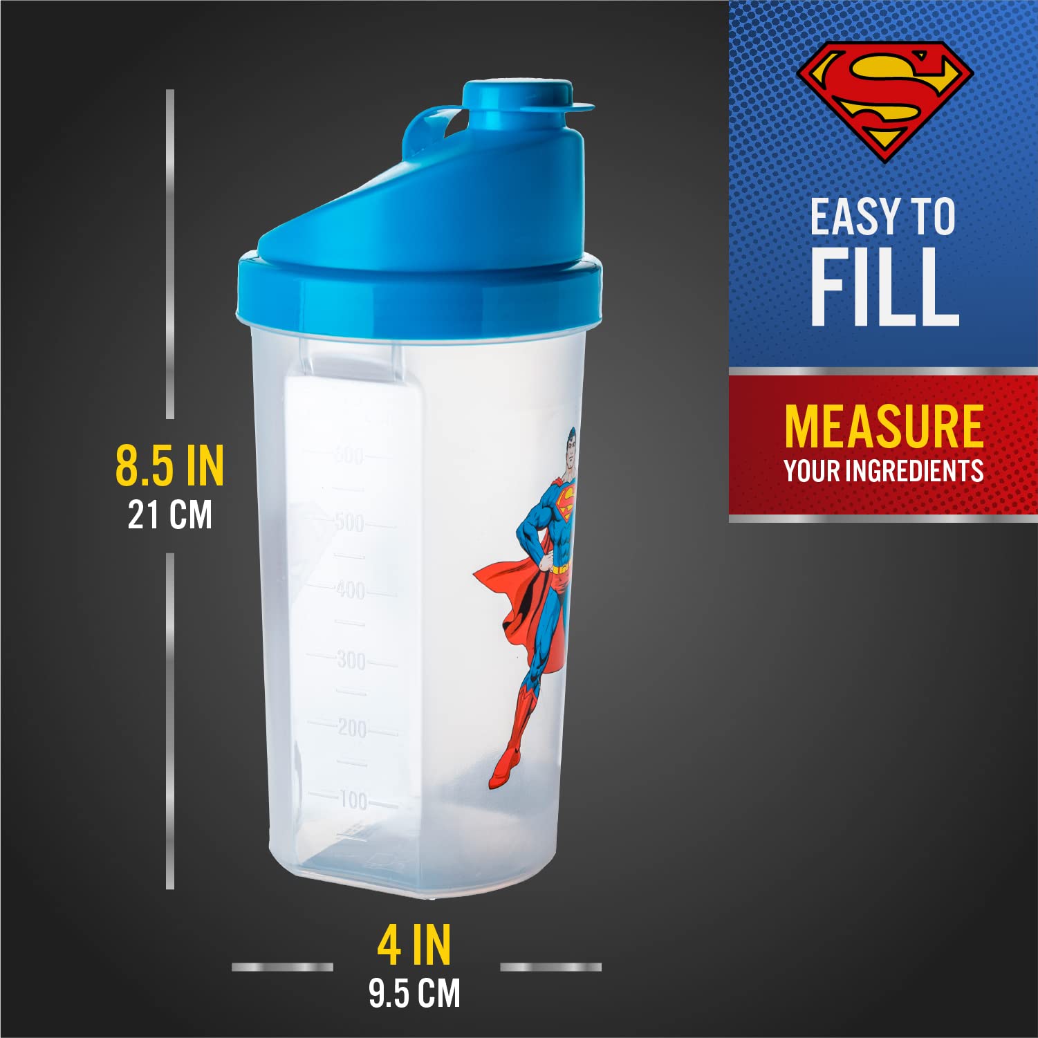 Official DC Comics Superman Protein Shaker Bottle - 23oz BPA-Free Fitness Blender Cup for Gym, Workouts & Superhero Fans - Perfect for Protein Shakes, Smoothies & Post-Workout Drinks