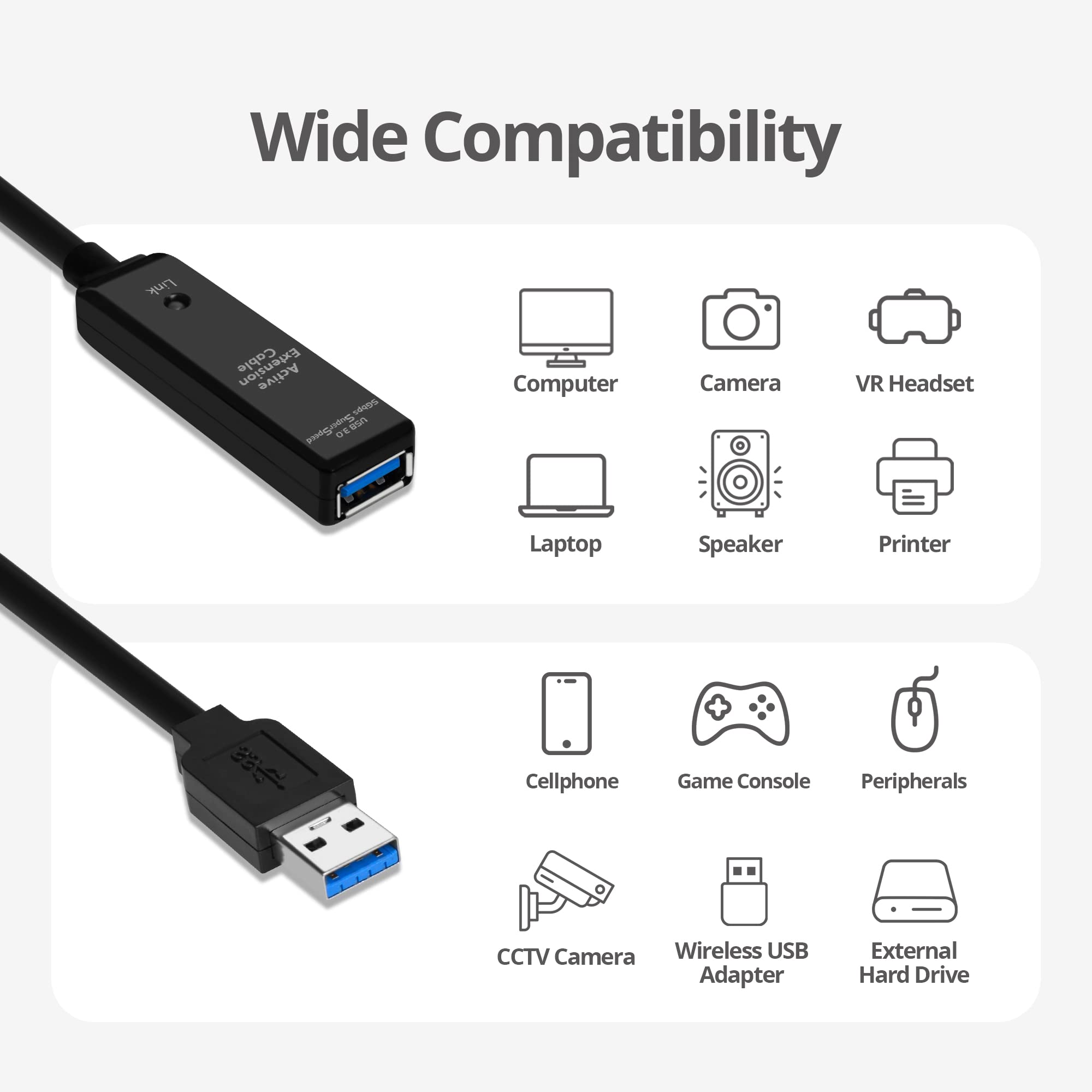 SIIG 15M USB 3.0 Active Extension Cable with Signal Booster - High-Speed Data Transfer for External Hard Drives, Flash Drives, Printers, VR Headsets & Cameras - Perfect for Home Office, Gaming & Professional Workstations (JU-CB0711-S1)