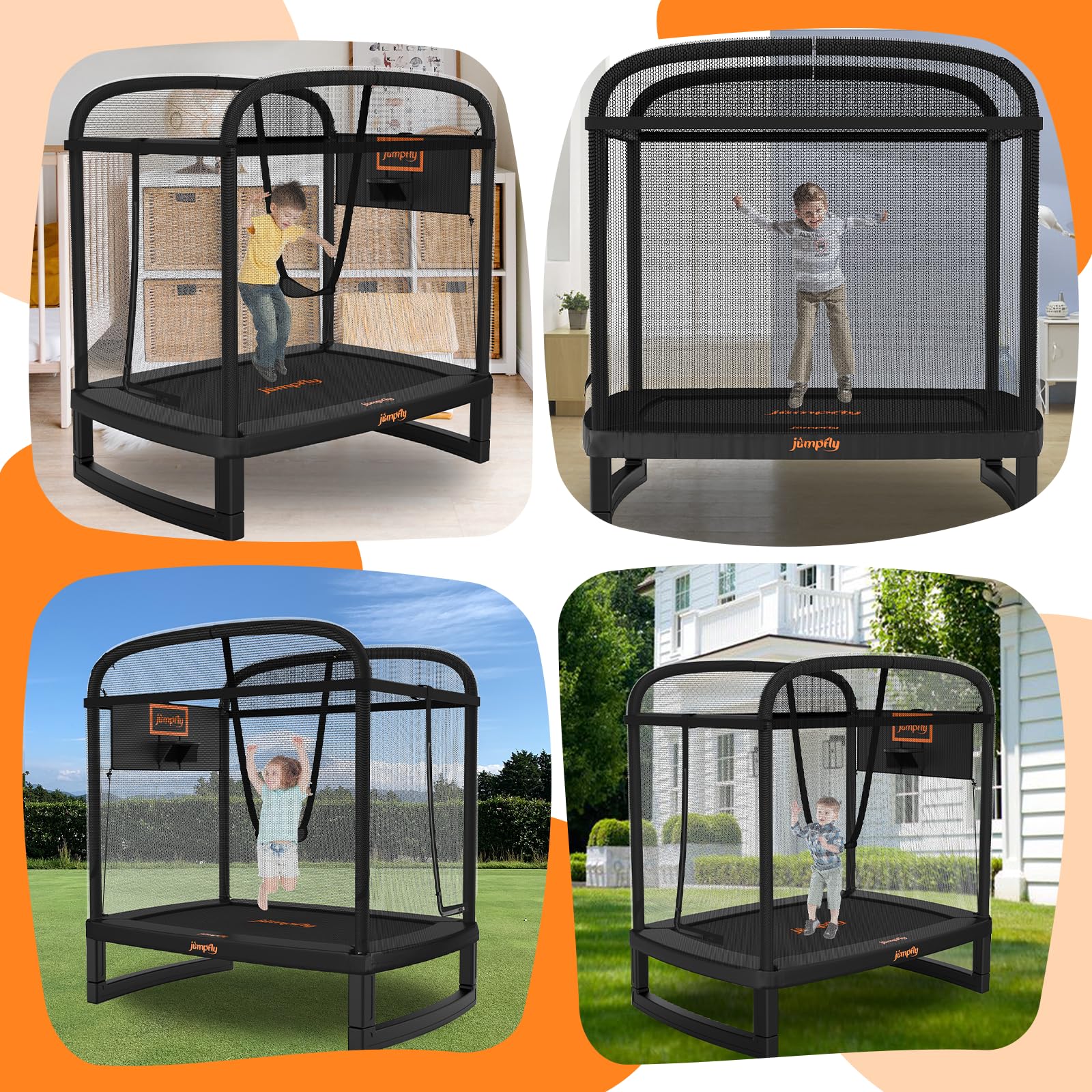 JumpFly 6FT Kids Trampoline with Swing & Basketball Hoop - ASTM Approved Mini Trampoline for Toddlers Age 3+ | Indoor/Outdoor Rectangle Trampoline with Safety Enclosure | Perfect for Backyard Play, Exercise & Birthday Gifts