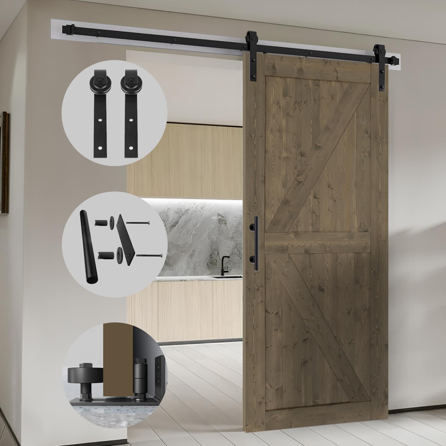 TOPHAND® 36x84 Inch Elephant Gray British Brace Knotty Barn Door with 6.6FT Sliding Hardware Kit - Solid Wood Double-Sided Handle for Bedroom, Closet & Farmhouse - Easy Assembly