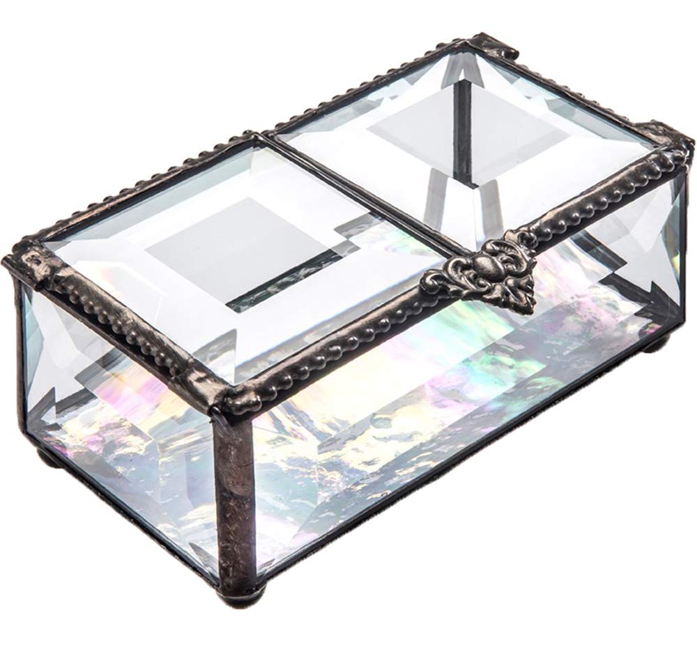 Elegant Clear Beveled Glass Jewelry Box with Double Hinges - Perfect Gift for Mom, Women, Brides | Decorative Keepsake Storage for Rings, Necklaces & Treasures | J Devlin Box 676 | Ideal for Dresser, Vanity & Wedding Gifts