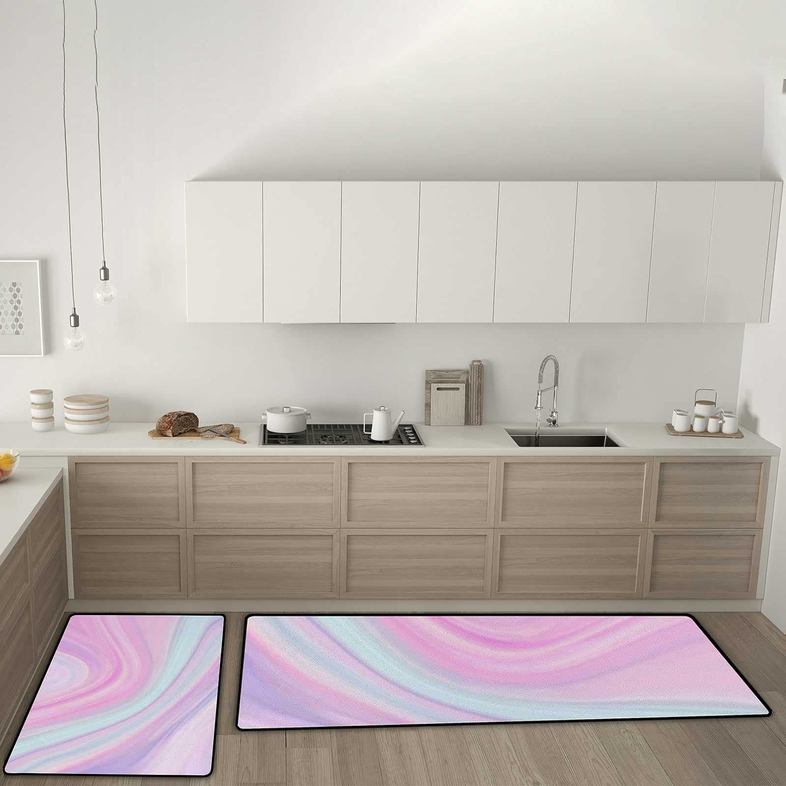 Non-Slip Marble Pastel Kitchen Rugs Set - 2 Piece Absorbent Coral Velvet Mats (17.7×29.1Inch + 17.7×58.2Inch) for Floor Protection, Comfort & Style - Perfect for Sink, Stove & High Traffic Areas
