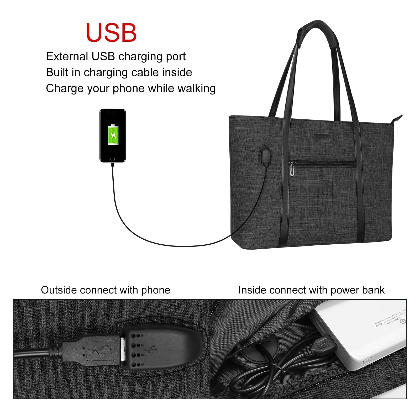 MOSISO 17-17.3 Inch Laptop Tote Bag for Women - USB Charging Port, Compatible with MacBook & Chromebook, Business Work Travel Computer Bag with Small Purse (Black) - Perfect for Office, Commuting & Business Trips
