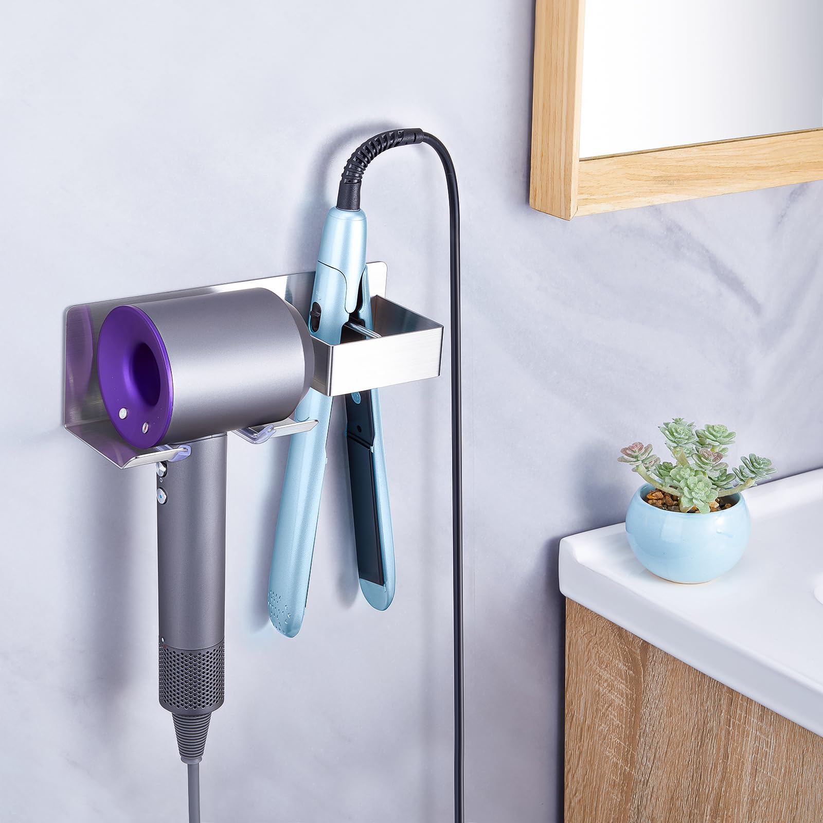 Wall Mounted Hair Straightener & Blow Dryer Holder - Stainless Steel Adhesive Organizer for Curling Irons & Hair Tools | Perfect for Bathroom Storage & Vanity Organization