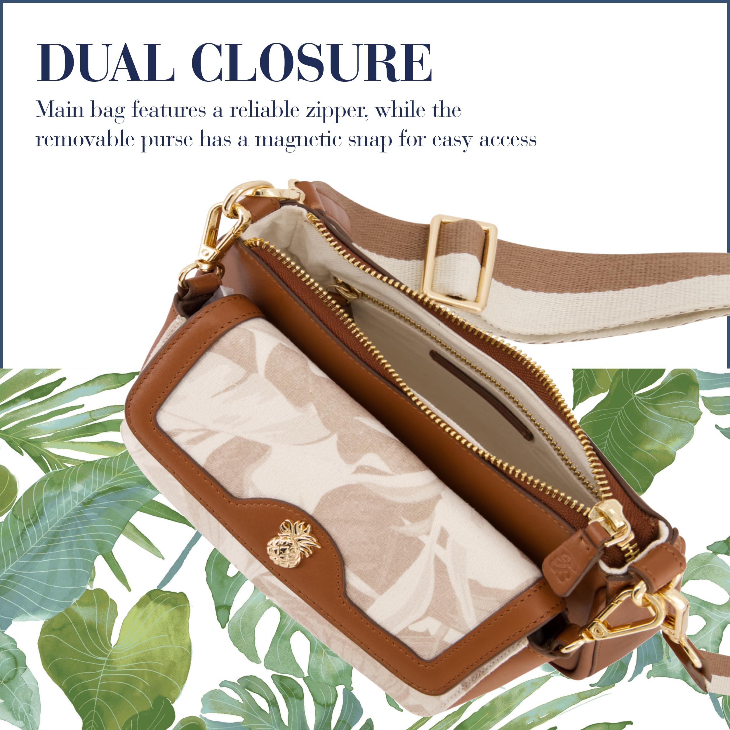 Tommy Bahama Women's Small Double Crossbody Bag - Adjustable Strap Leather Trim Shoulder Handbag Purse for Travel, Shopping & Everyday Use