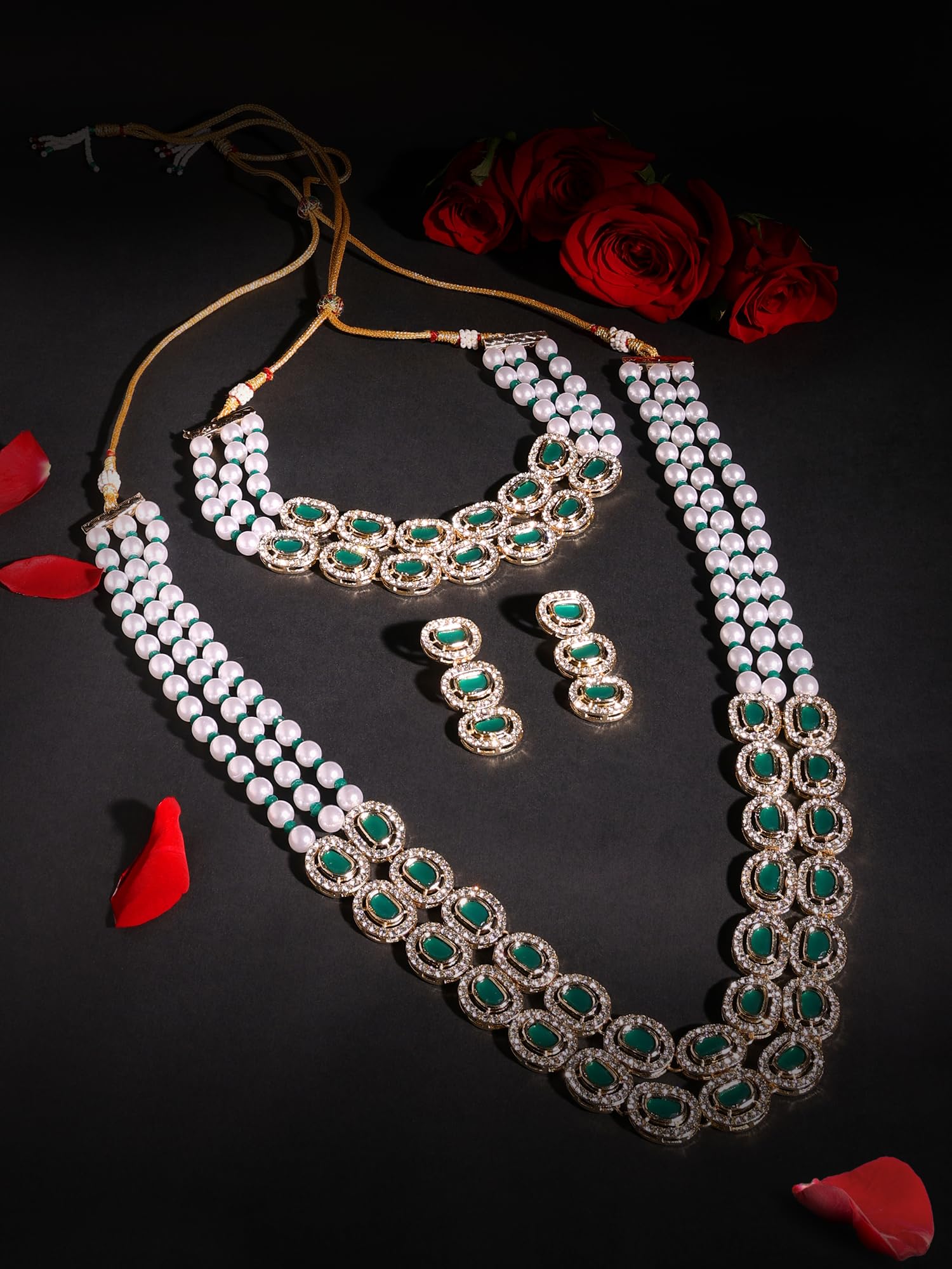 ZAVERI PEARLS Green Stone Beads & Austrian Diamond Bridal Choker Necklace Set with Earrings for Women - ZPFK17342 | Wedding, Party & Evening Wear Jewelry