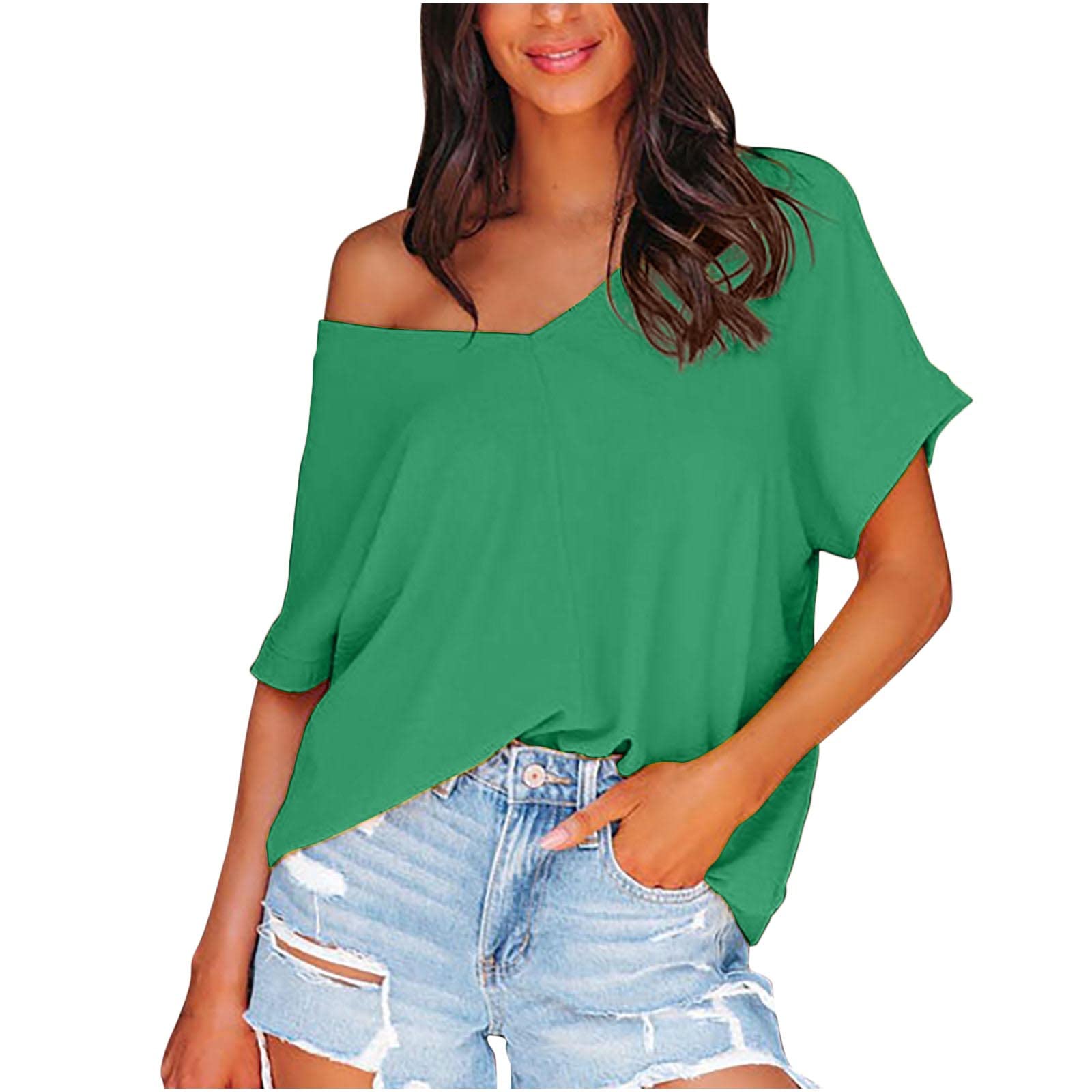 Women's Summer T-Shirts - Short Sleeve V-Neck Casual Blouse, Trendy Loose Fit Solid Color Tees for Everyday Wear & Outfits