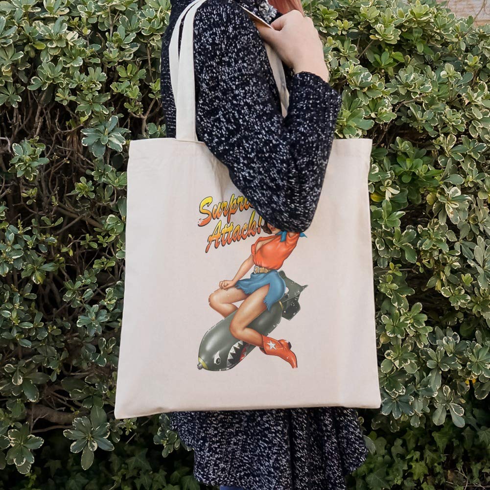 GRAPHICS & MORE Surprise Attack Pin Up Girl Missile Design Reusable Grocery Tote Bag - Eco-Friendly Shopping & Travel Tote for Women, Beach, Market, and Daily Use