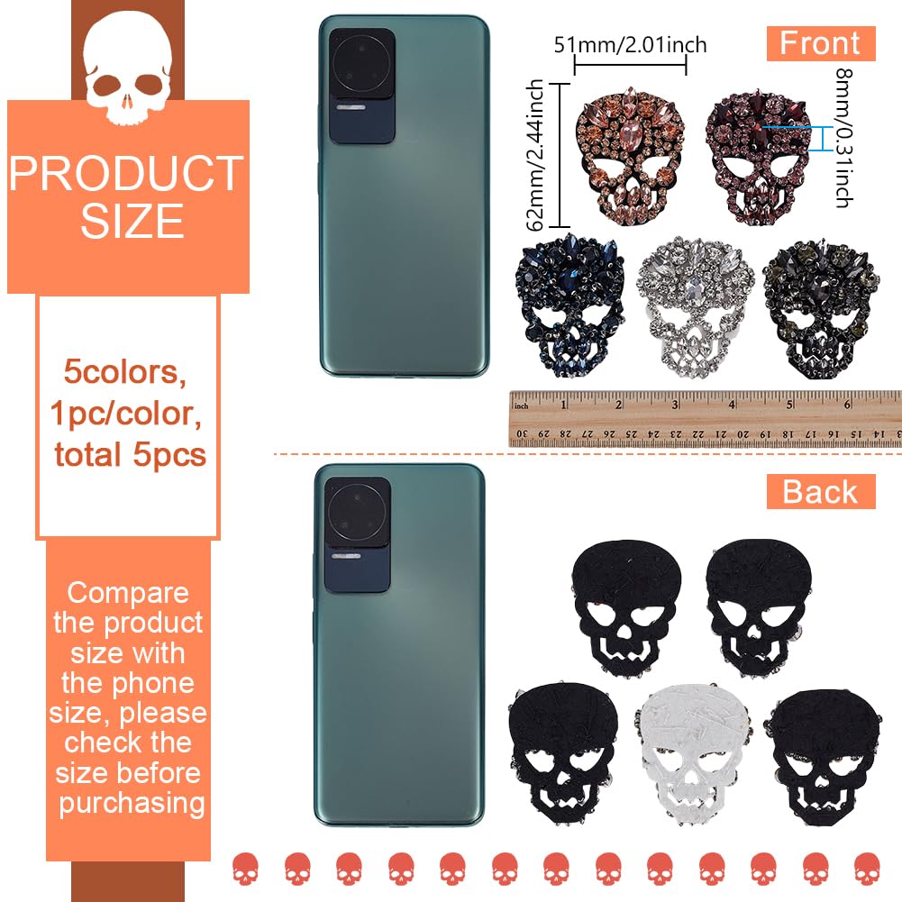 FINGERINSPIRE 5PCS Skull Glass Rhinestone Beaded Patches - 5 Colors, 2x2.4 Inch Sew-on Appliques for Clothes, Dresses, Hats & Jeans - DIY Handicraft Embellishments for Gothic Fashion, Costume Design & Punk Style Outfits