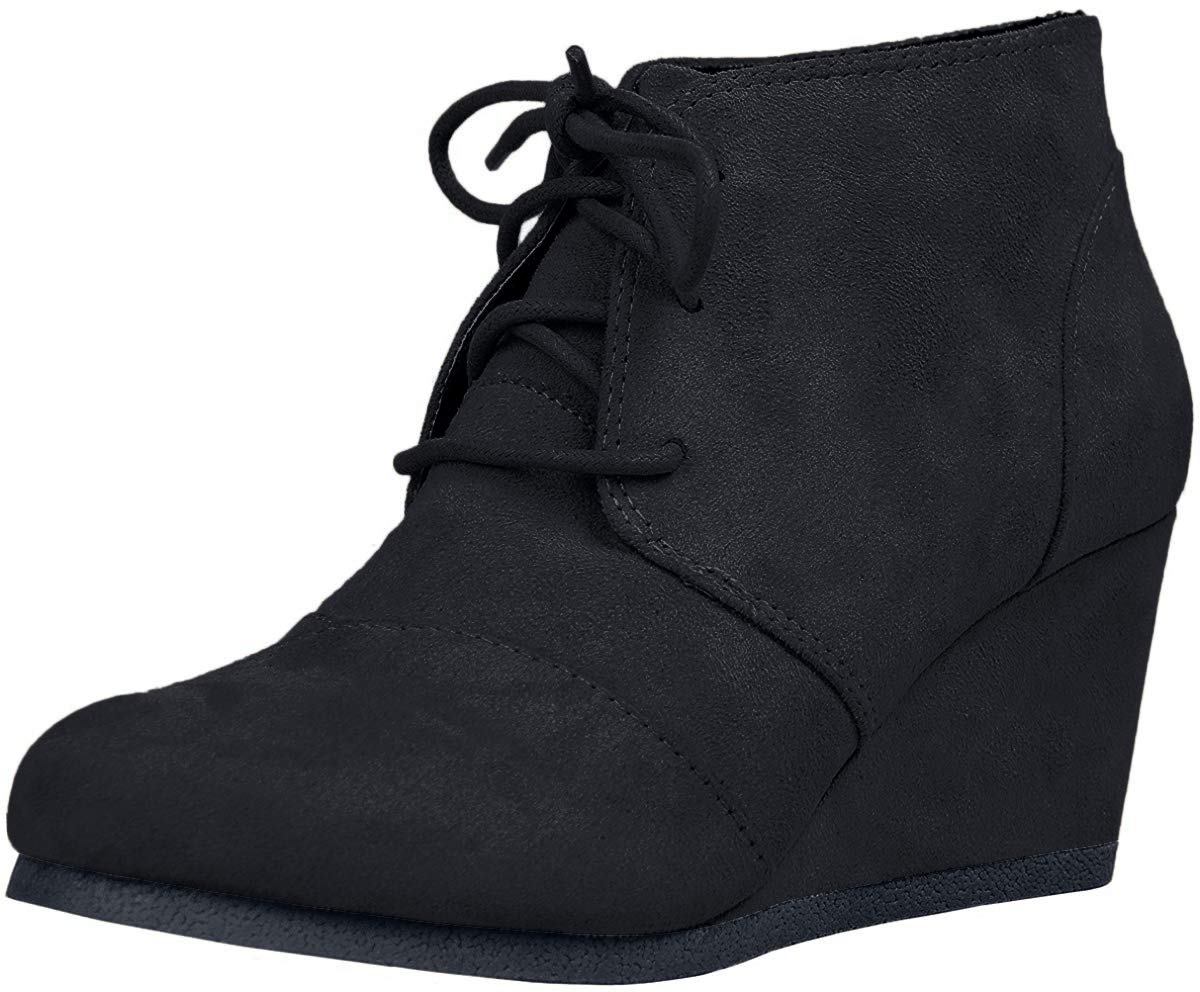 Soda City Classified Rex Black Lace Up Oxford Wedge Booties for Women - Stylish Chunky Heel Ankle Boots for Office, Party & Fall Fashion