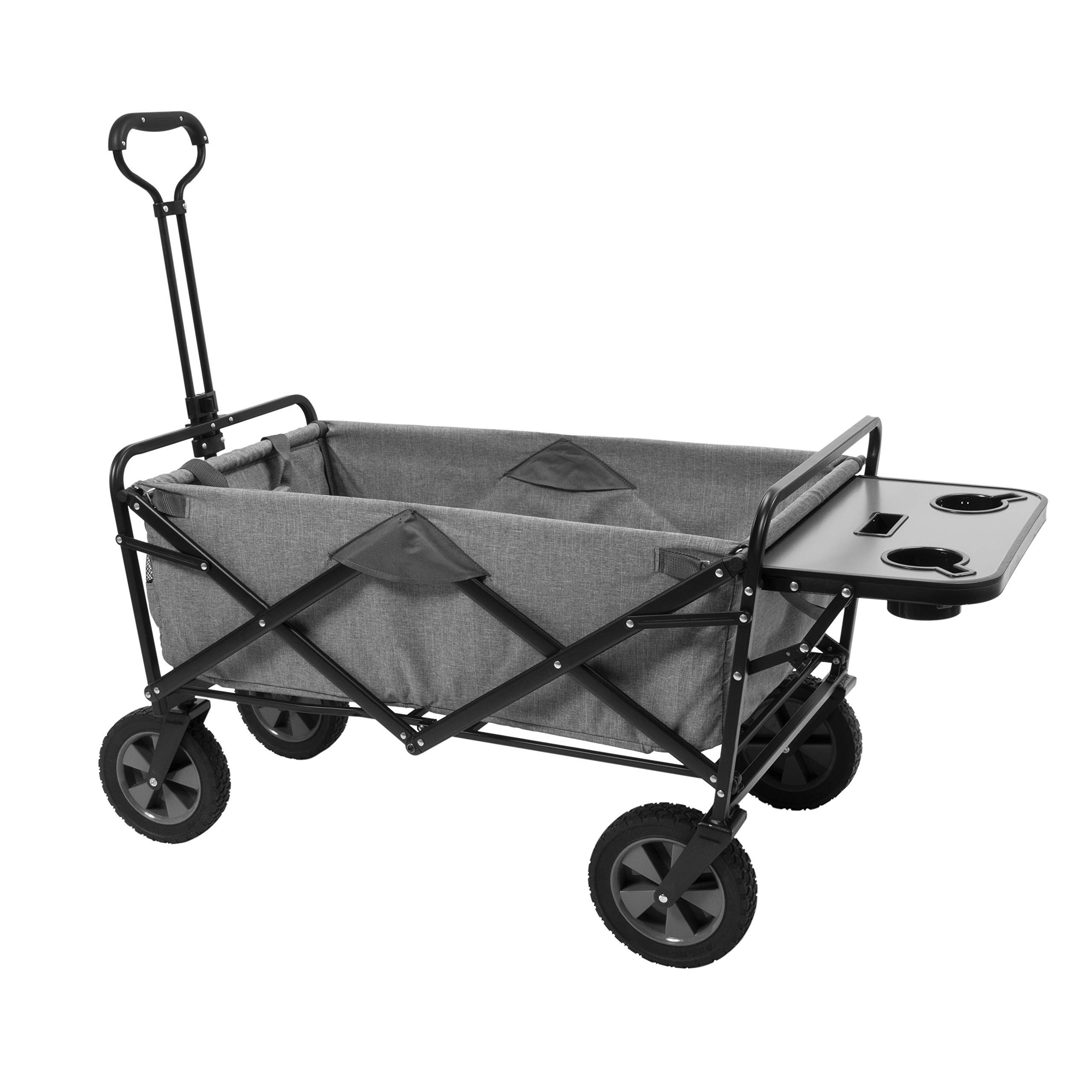 Mac Sports Collapsible Folding Outdoor Utility Wagon with Side Table - Light Grey Portable Cart for Beach, Camping, Picnic & Garden Use