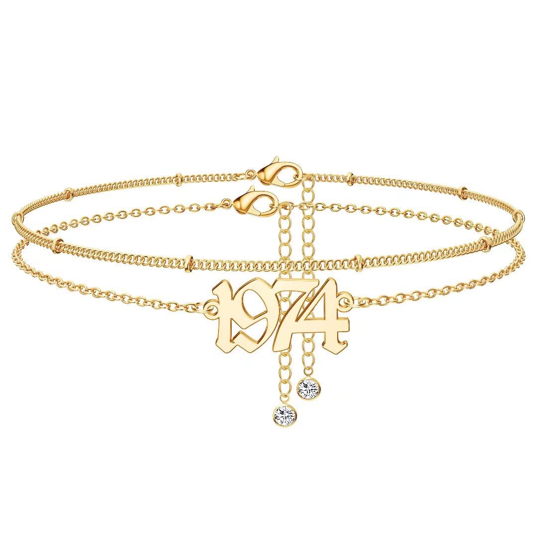 14K Gold Plated Birth Year Anklet - Women's Dainty Ankle Bracelet for Beach & Birthday Gifts