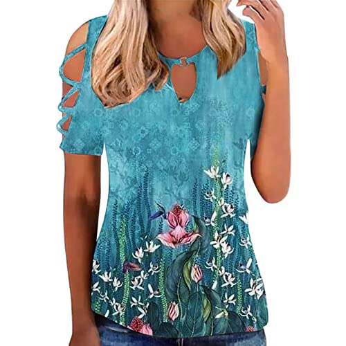 Women's Summer Sleeve T-Shirts - Loose Comfortable Crewneck Hollow Out Shoulder Plain Tops for Casual Wear, Beach Outings & Everyday Comfort
