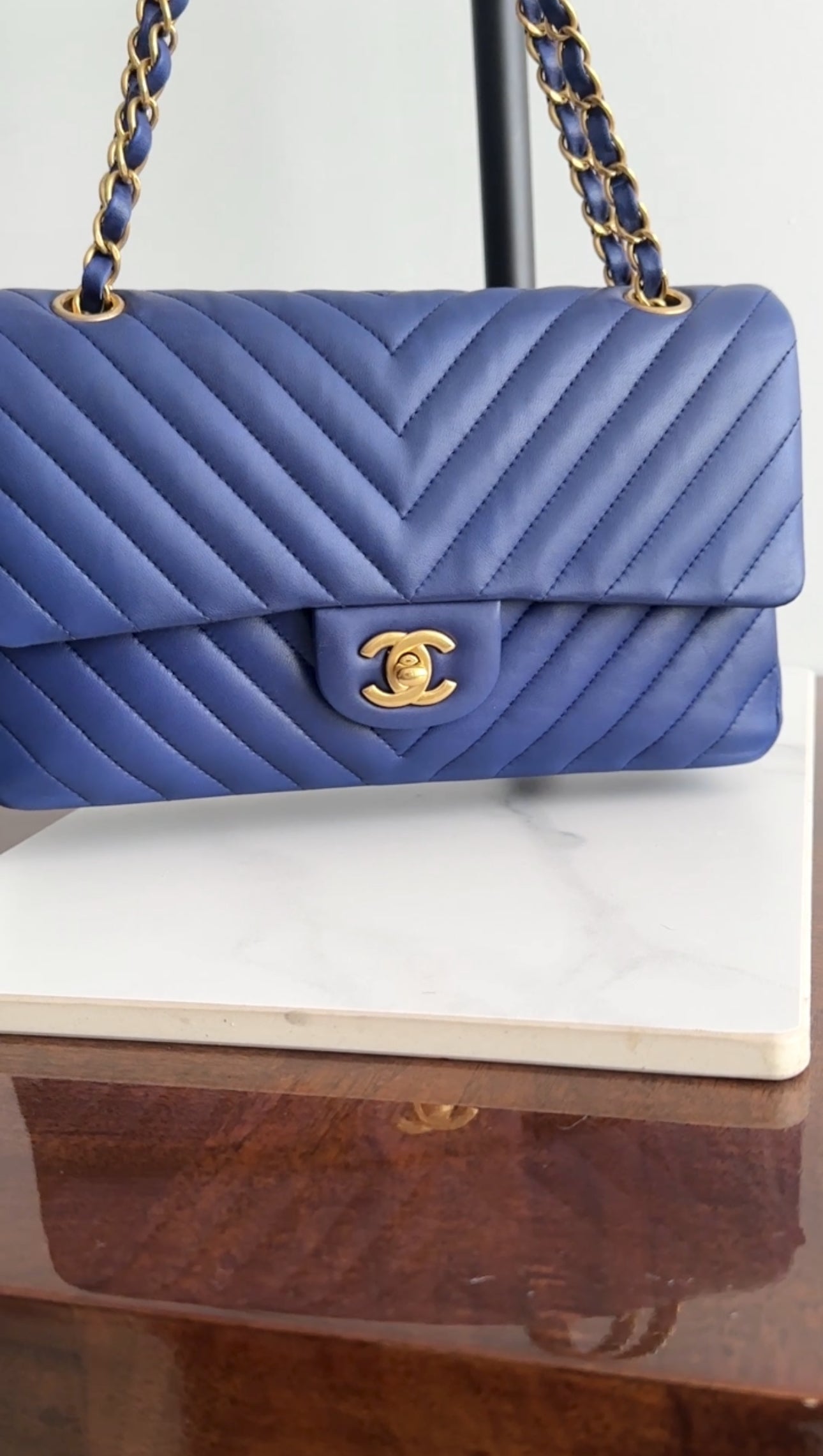 Chanel Blue Chevron Quilted Medium Double Classic Flap Bag with Gold Hardware | Luxury Designer Handbag for Women | Perfect for Evening Events, Parties & Special Occasions