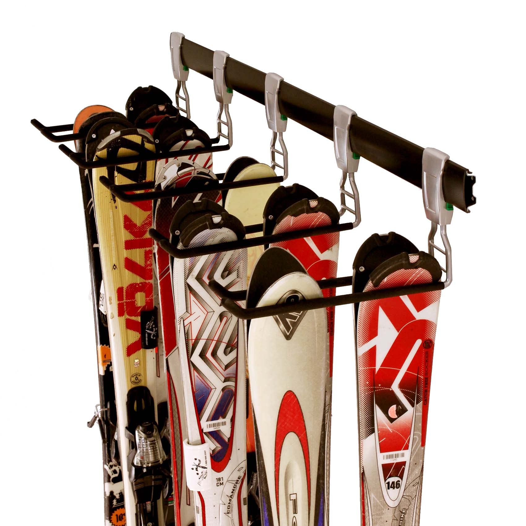 Wall Mounted Ski and Snowboard Storage Rack with 5 Heavy-Duty Hooks - Space-Saving Gear Organizer for Garage, Basement, or Mudroom