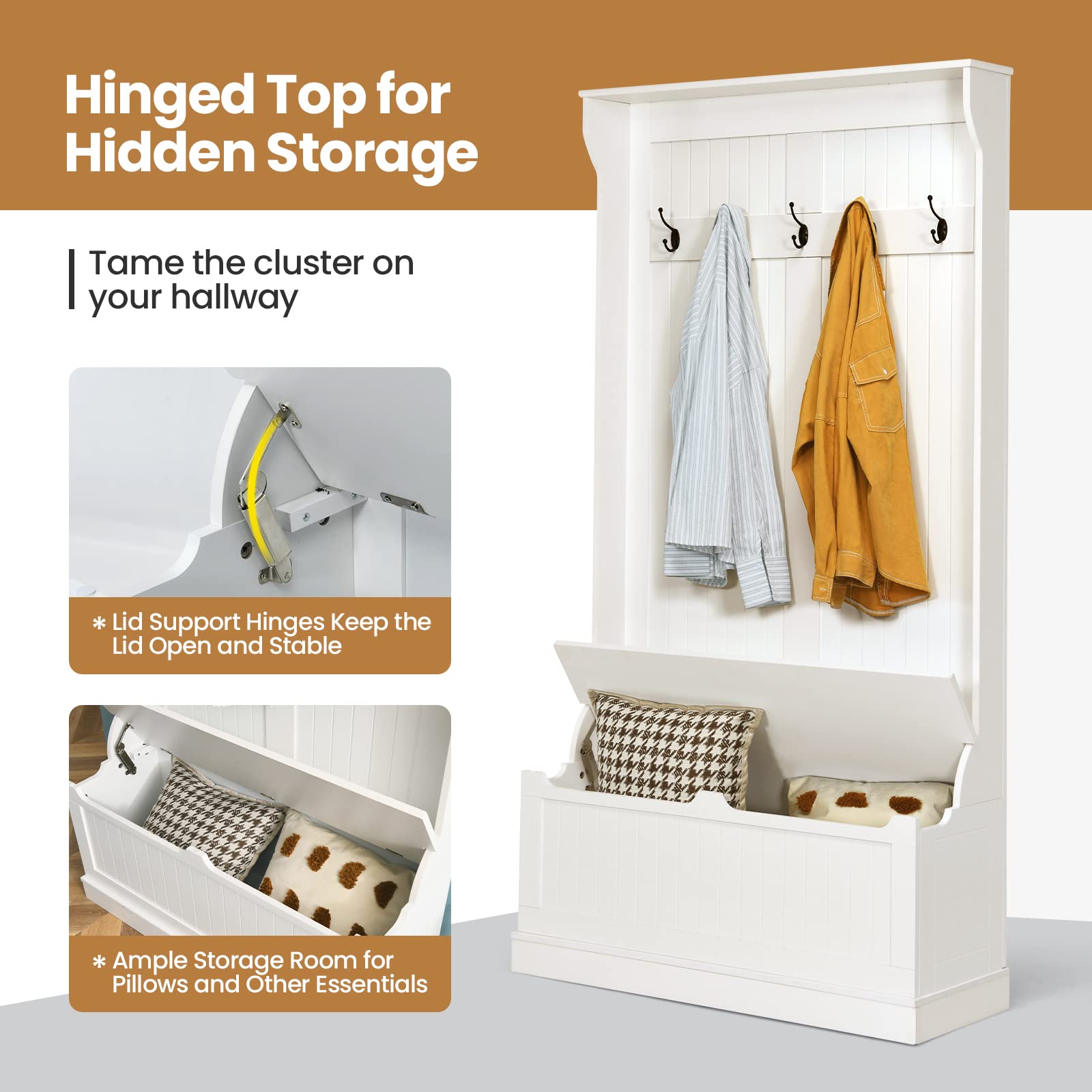 Tangkula 3-in-1 Entryway Storage Bench with Coat Rack - Wooden Hall Tree Bench with 5 Double Hooks, Anti-Tip Safety Strip & Under Seat Storage Organizer - Perfect for Entryway, Hallway, Bedroom or Mudroom Organization (White)