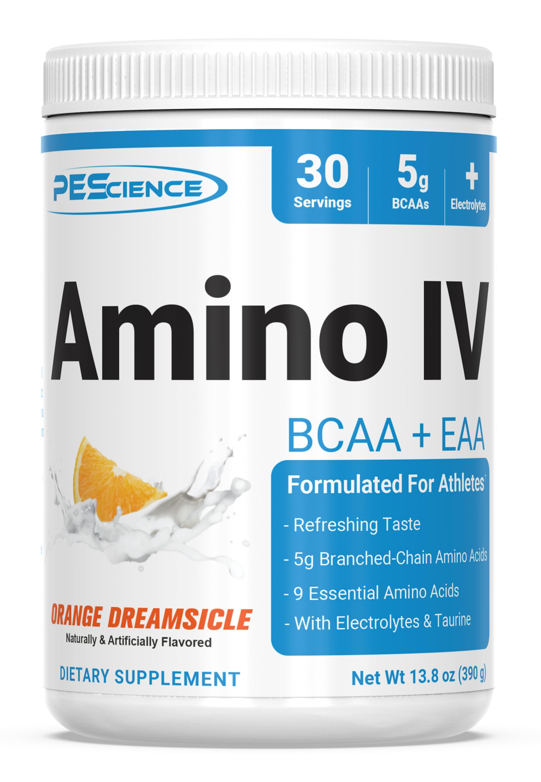 PEScience Amino IV BCAA & EAA Powder - Orange Dreamsicle Flavor, 60 Servings | Essential Amino Acids, Taurine & Electrolytes for Hydration | Sugar-Free Muscle Recovery Supplement for Men & Women | Post Workout, Gym & Fitness Nutrition