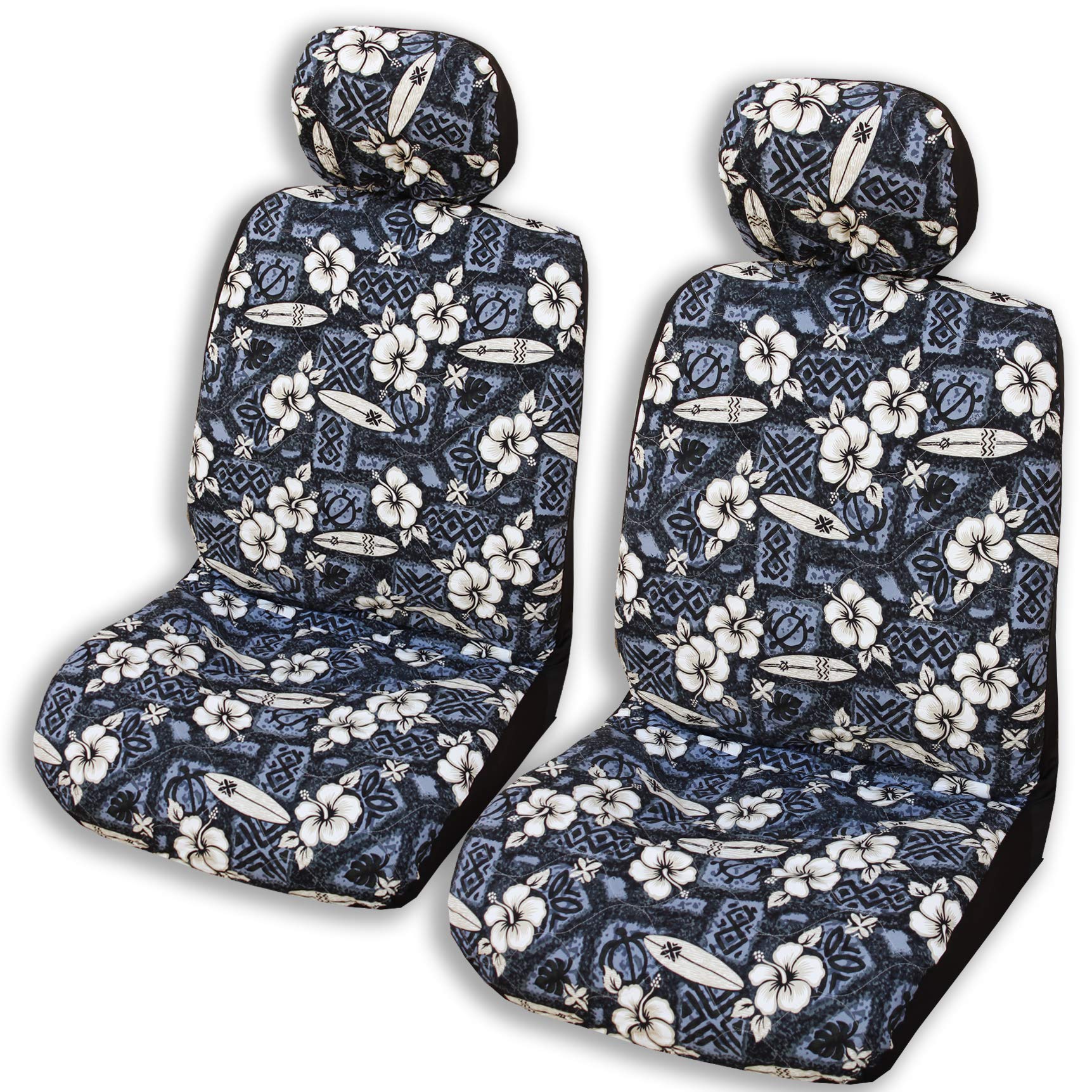 Premium 2-Piece Hawaiian Car Seat Covers with Headrest Covers - Hibiscus Surf Gray Design, Double Armrest Custom Fit for Cars, SUVs & Trucks | Tropical Beach Style Auto Accessories for Summer Road Trips & Vacation Vibes