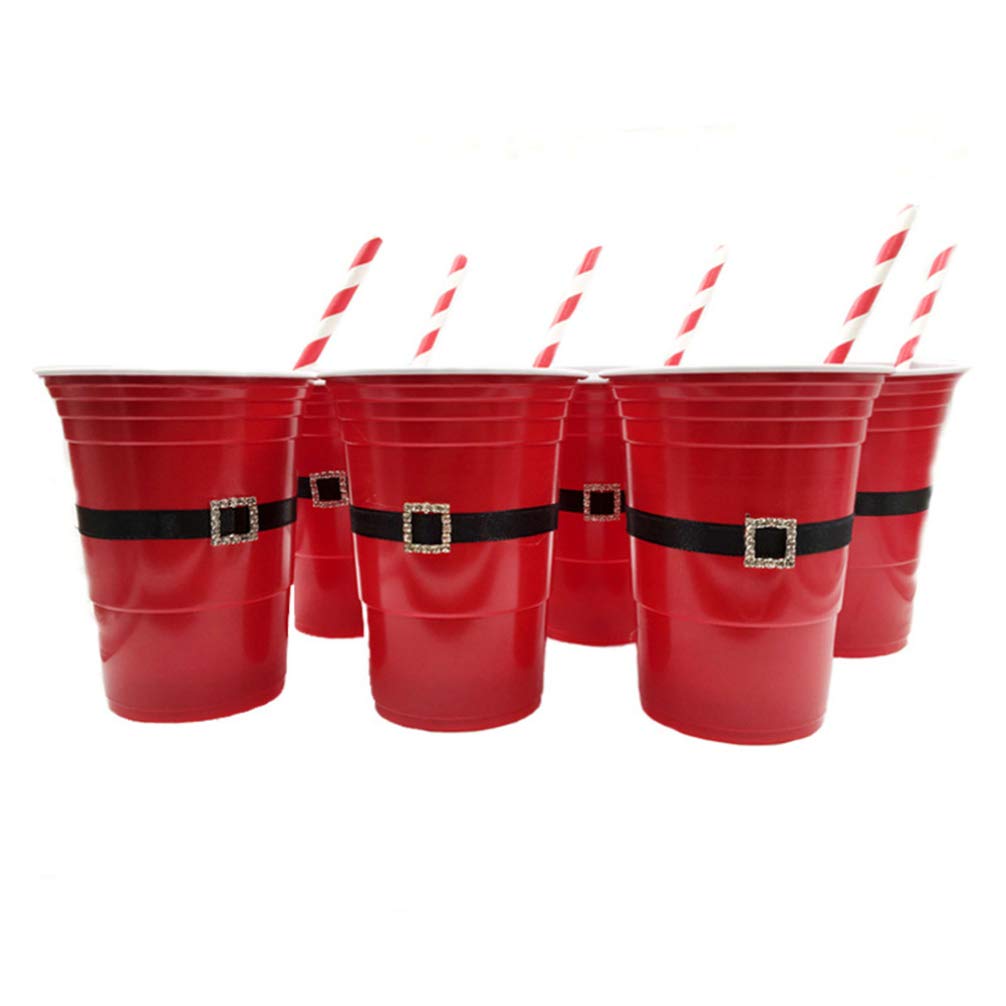 Happyyami 12-Piece Santa Belt Christmas Party Cups Set with Straws - Durable Plastic Drinking Cups for Holiday Celebrations, Home Parties & Festive Gatherings