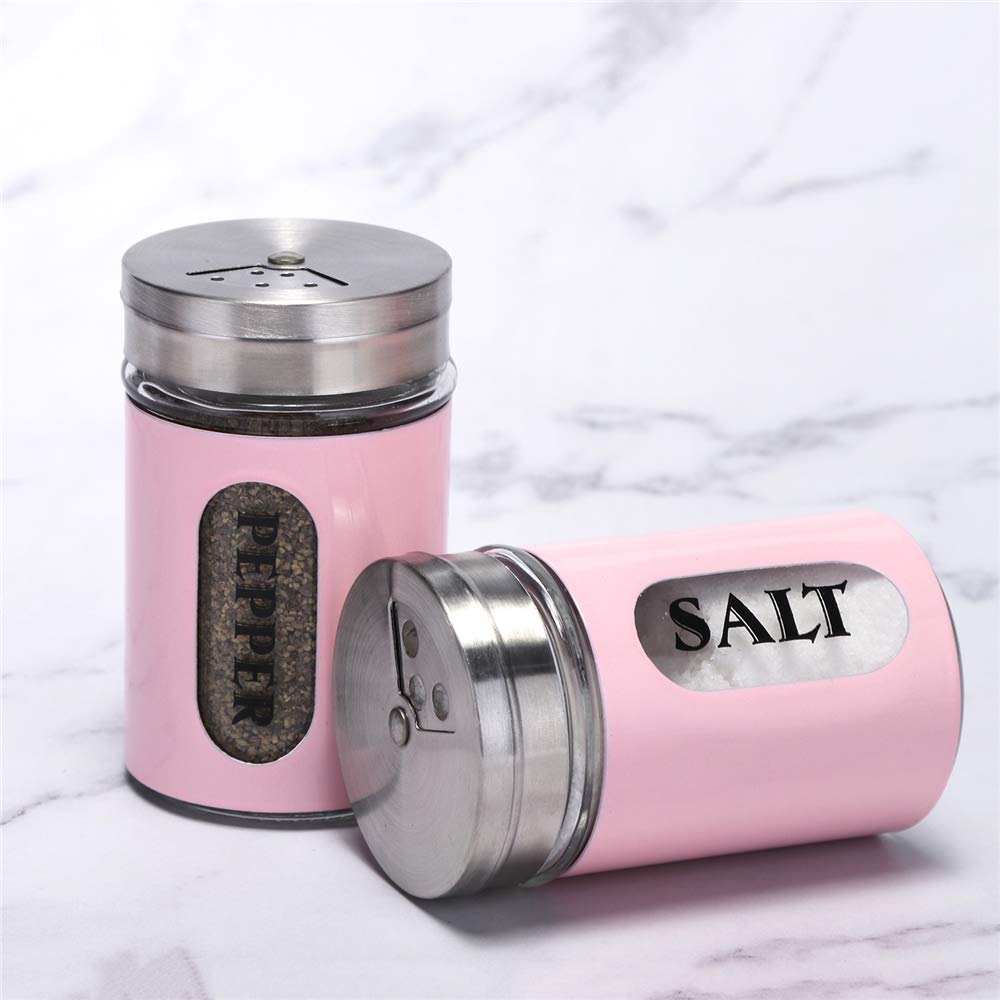 Premium Stainless Steel & Glass Salt and Pepper Shakers Set - Adjustable Pour Holes, Elegant Pink - Perfect for Kitchen, Dining Table, and Gift Giving