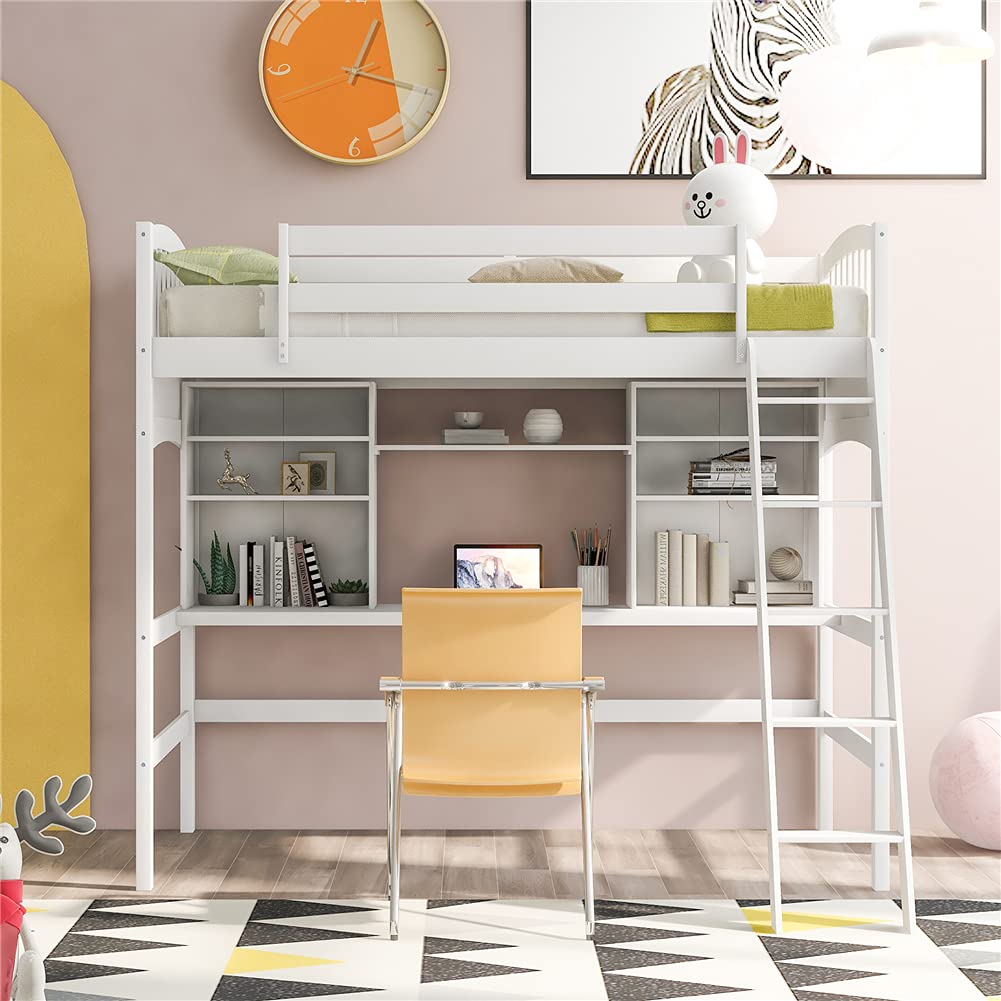 **Twin Size Pinewood Loft Bed Frame with Built-in Desk & Storage Shelves - Sturdy Bedroom Furniture with Guardrails & Removable Inclined Ladder (White) - Perfect for Kids' Rooms, Dorms & Small Spaces**