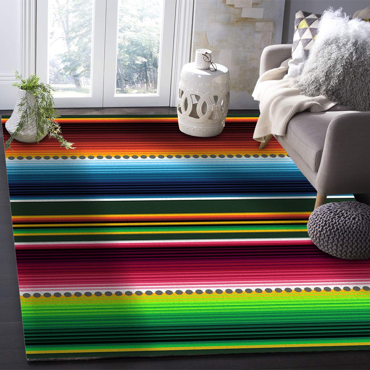 Mexican Serape Area Rug 4' x 6' - Non-Slip Indoor Outdoor Rug with Colorful Stripes, Easy to Clean & Durable - Perfect for Living Room, Bedroom, Patio, Deck, Picnic, Camping & Beach Outings