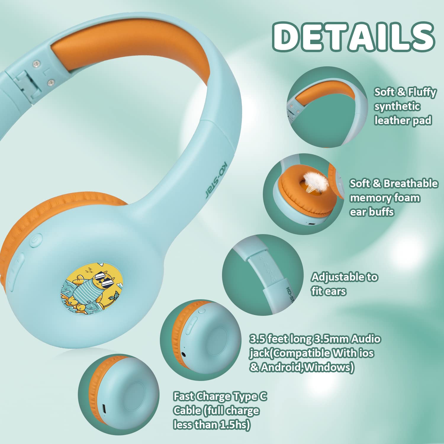 Wireless Bluetooth Kids Headphones with Microphone - 85dB Safe Volume, Foldable Noise Canceling Headphones for Toddlers & Children - Compatible with iPad, Kindle, Tablet, PC & School Use (Green) - Perfect for Online Learning, Travel & Entertainment