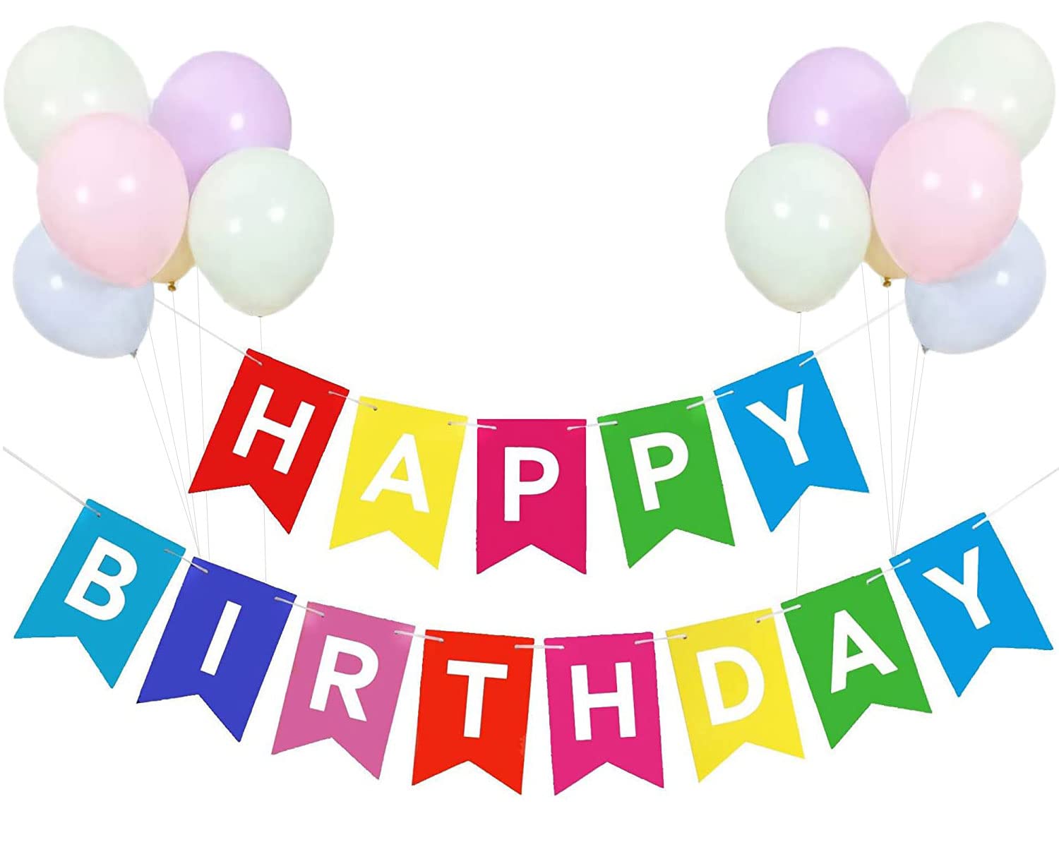 Happy Birthday Banner Colorful Bunting with 12pcs Multicolor Balloons - Party Decoration Supplies for Birthday Celebrations, Home Decor & Festive Events