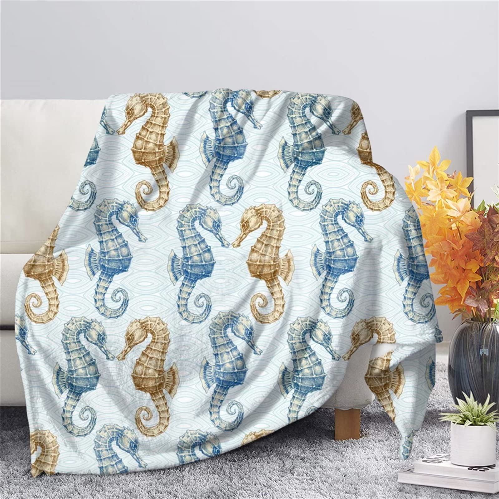 Seahorse Print Flannel Blanket for Kids - Soft Cozy Fleece Throw Blanket - Plush Microfiber Bed & Couch Blanket - Perfect for Nursery, Travel, Camping and Outdoor Adventures