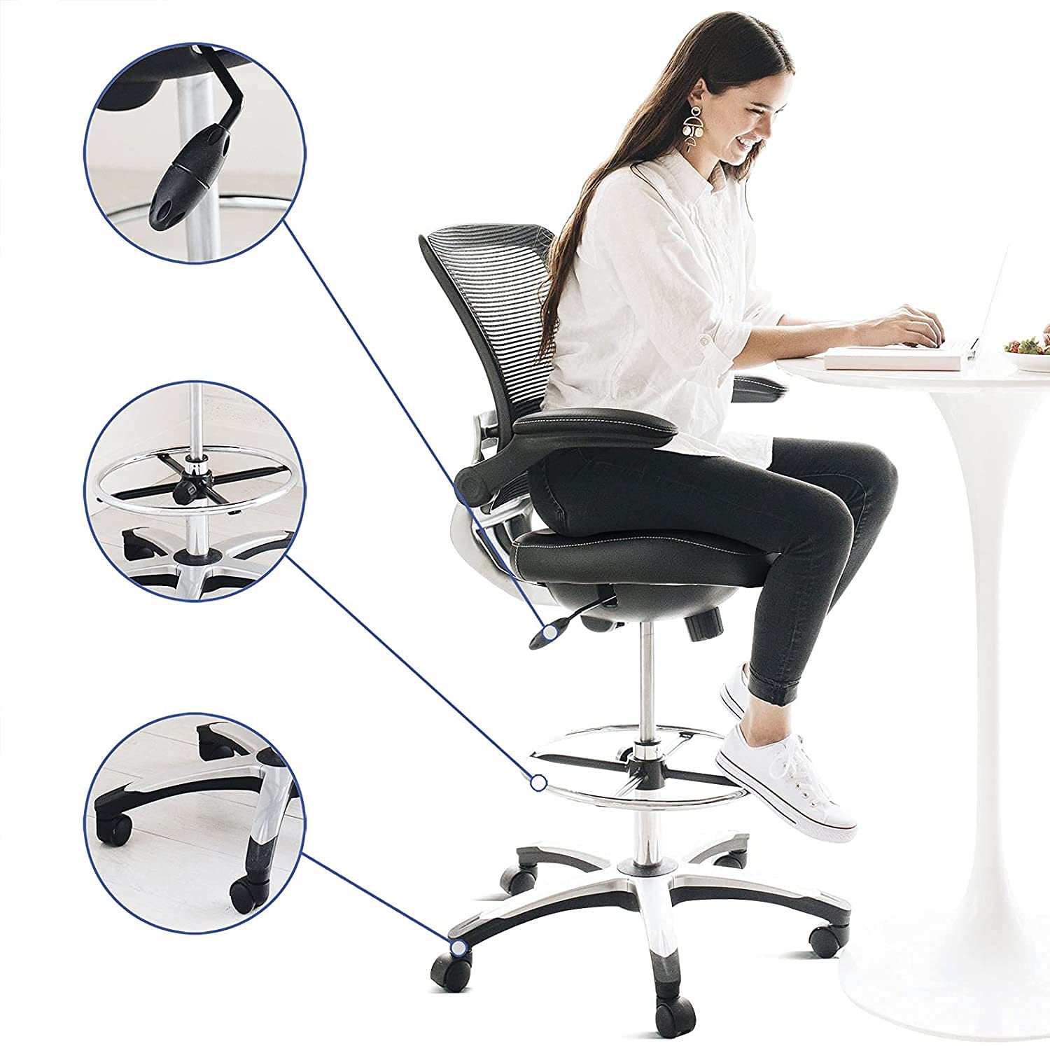 Modway Edge Drafting Chair - Adjustable Height Office Chair with Flip-Up Arms for Reception Desk, Drafting Table & Home Office - Ergonomic Black Task Chair for Professionals & Students