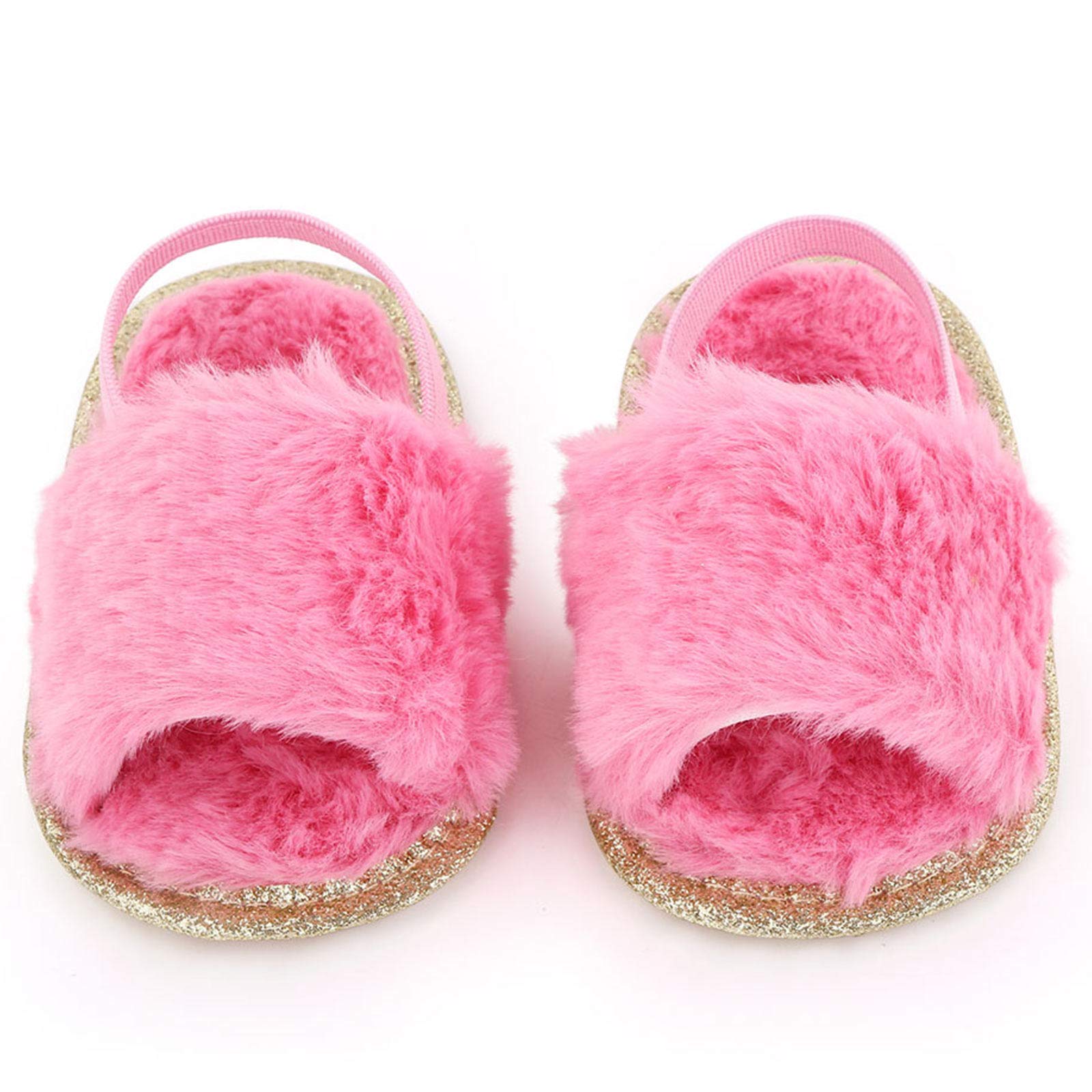 2 Pack Baby Girls Sandals - Soft Elastic Back Strap Flats with Faux Fur - First Walker Slippers for Toddlers | Indoor House Shoes & Princess Style Outdoor Play